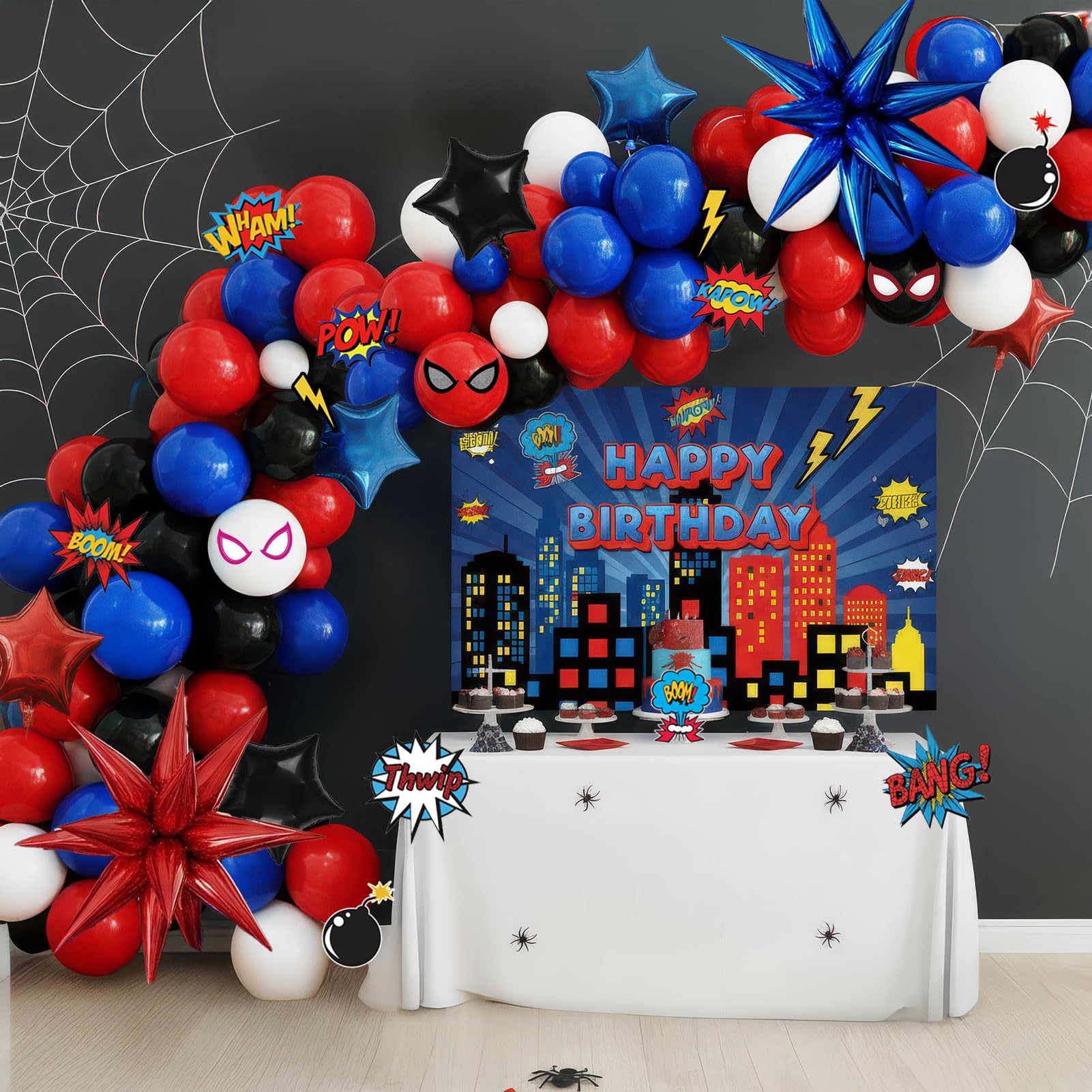 Blue Red Black white Balloon Garland Arch Kit 140PCS with backdrop card stickers Large Starburst mylar balloons for Spider Theme boy birthday Party