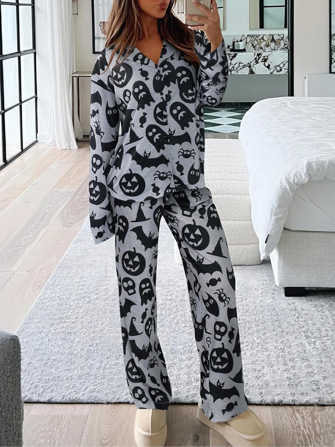 REORIA Funny Halloween Pajamas Women Button Up 2 Piece Pajama Set Sleepwear - Image 3