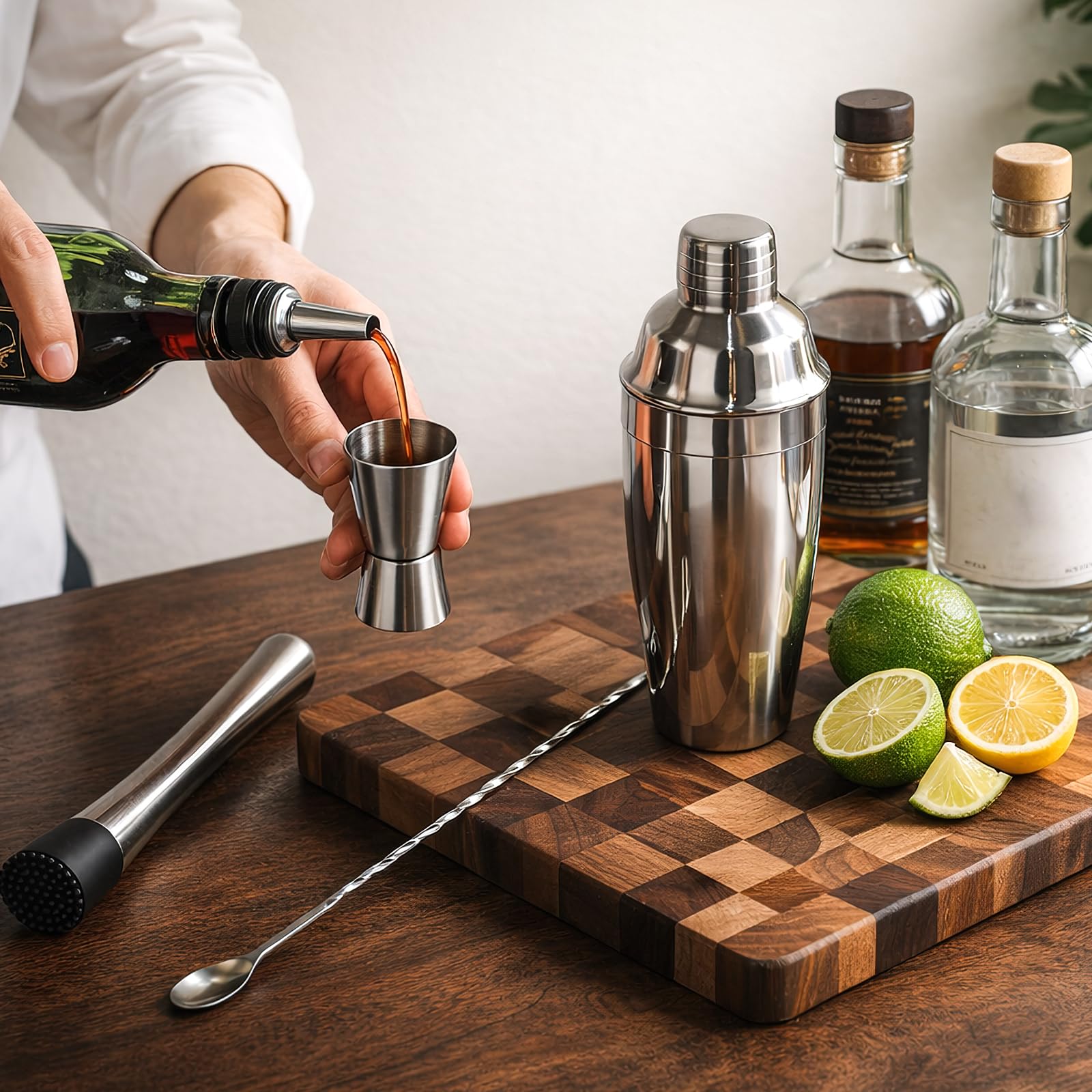 26-teiliges Cocktail Shaker Set, 700ML Boston Cocktail Shaker aus Edelstahl, Profi Barkeeper Kit kein Verklemmen mit Bambusständer & Rezeptbuch für Partys, Hausbar & Geburtstag(Silber)