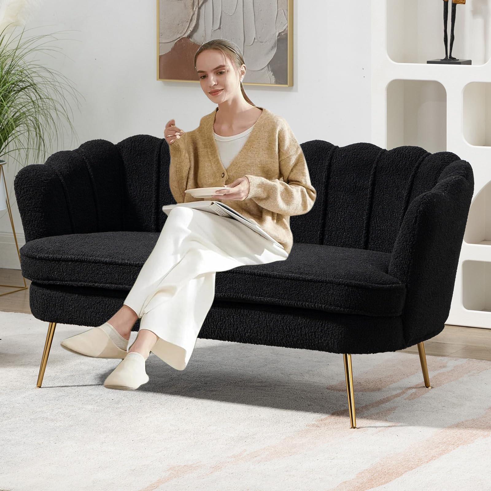 59 Small Loveseat Sofa 2-Seater Modern Chenille Couch with Gold Metal Legs Floral Backrest Compact Apartment Sofa for