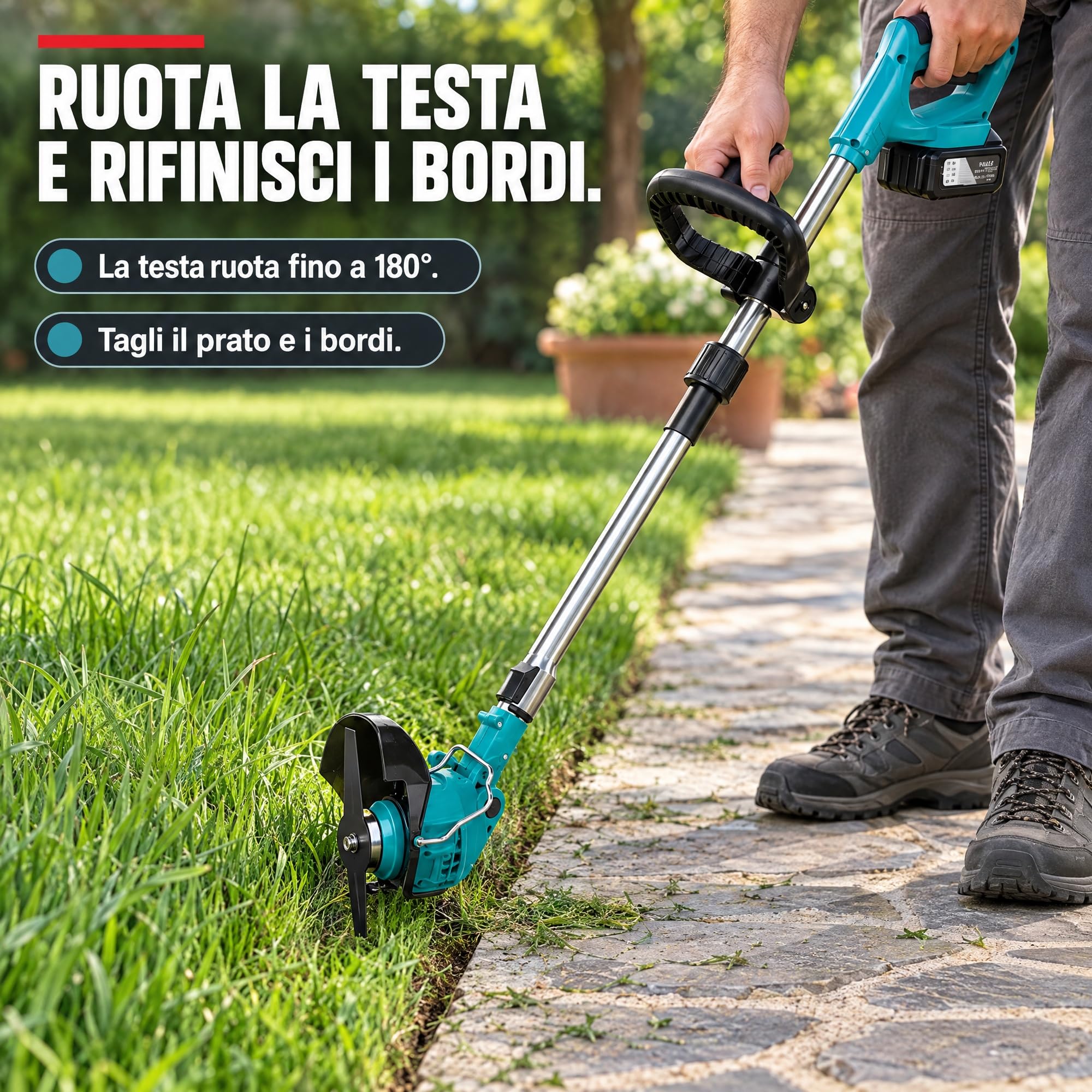 Decespugliatore a Batteria 21V con Ruote, 2 Batterie 4.0Ah Incluse