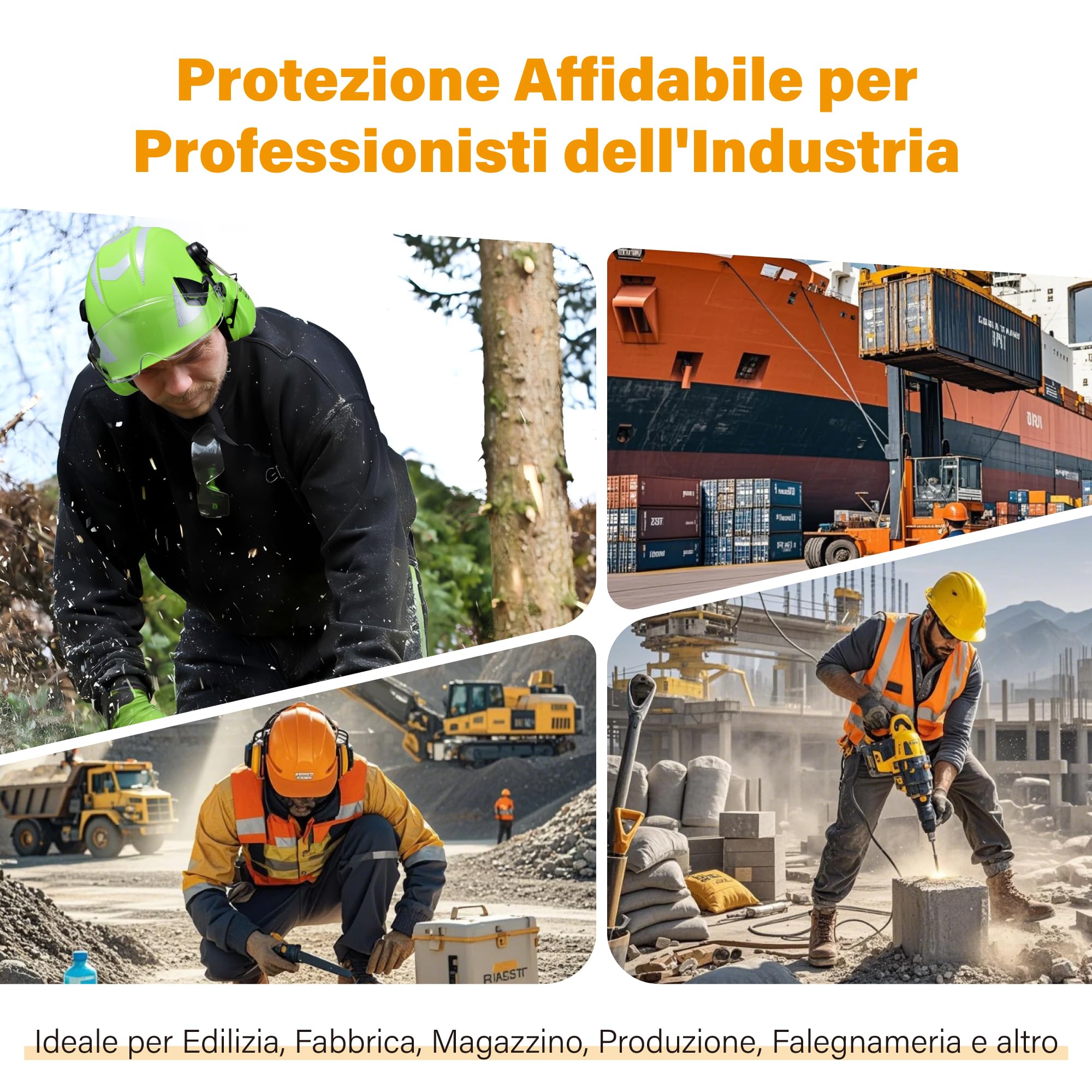 SAFEYEAR Casco protettivo adulto con occhiali antigraffio, paraorecchie, casco di sicurezza ABS EN397, nastro riflettente, fori traspiranti, adatto per lavori e attività all'aperto industriali e vari
