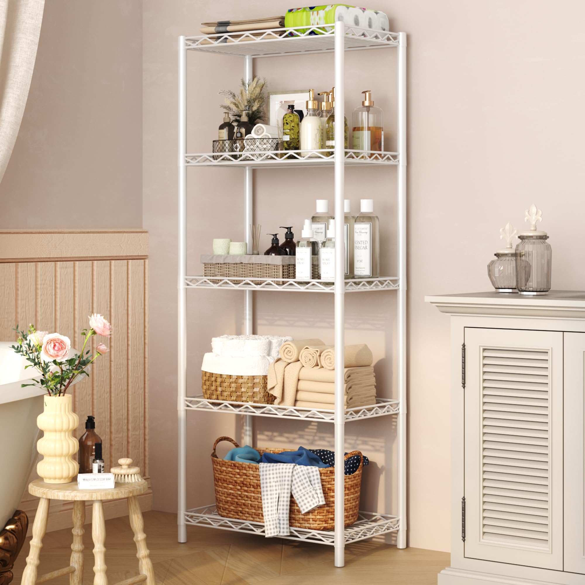 HOMEFORT Drahtregal mit 5 Ebenen, 5 Regalböden, Metall, langlebig, Organizer, perfekt für Speisekammer, Schrank, Küche, Wäsche, Organisation, in Weiß