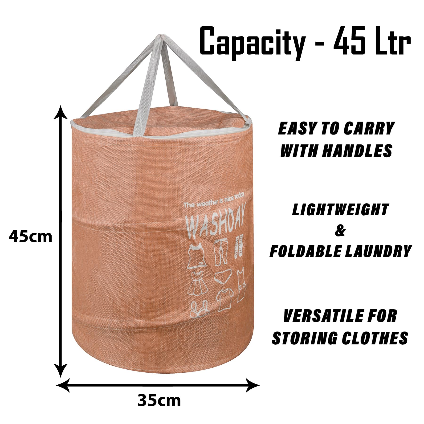 Kuber Industries Wäschekorb | Runder Faltbarer Wäschekorb | Jute Aufbewahrungstasche mit Knopfgriffen | Kleiderkorb für Zuhause | Spielzeug Aufbewahrungskorb | 45 Liter | 2 Stück | Pfirsich
