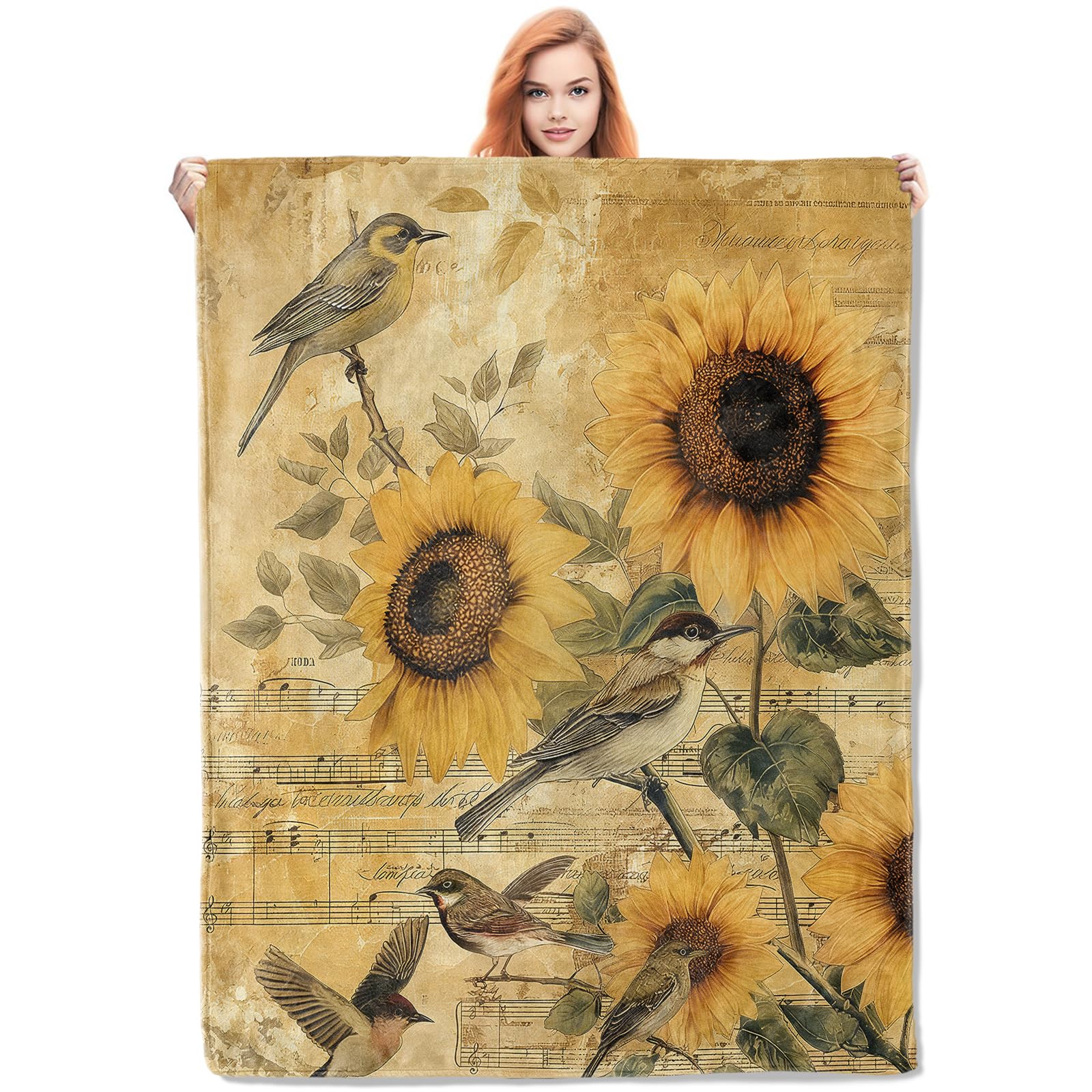Couverture flanelle tournesol oiseaux plaid chaud léger lit canapé