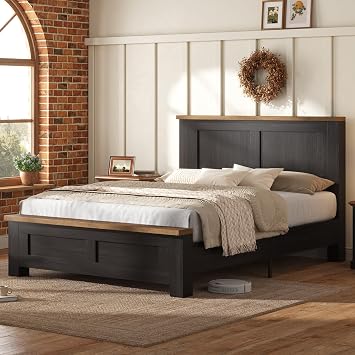 LUXOAK Wooden Effect Bed Frame with Slatted Base and Headboard Black 140   200 cm