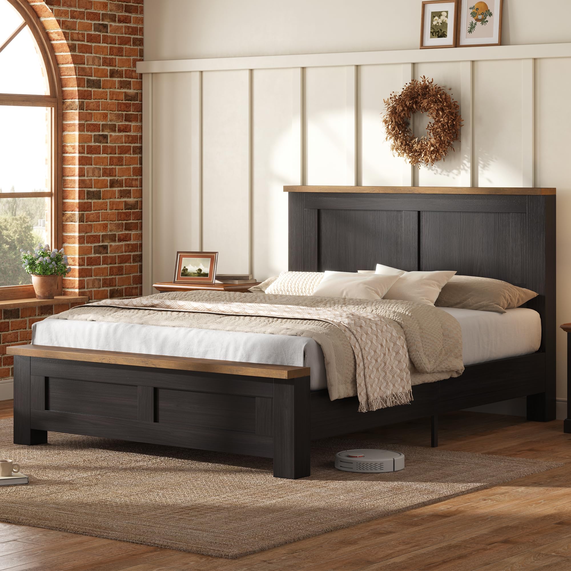 LUXOAK 5ft King Wooden Bed Frame with Panelled Headboard, Black, 150x200cm