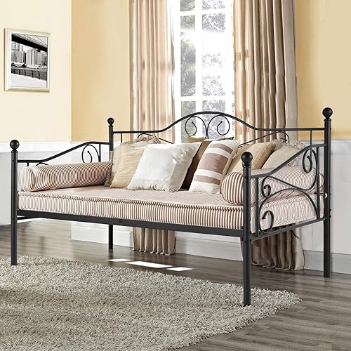 Miniatura 31 de VECELO Marco de sofá cama, plataforma de metal de tamaño individual con cabecero, estilo victoriano, base de colchón/sofá de cama para niños