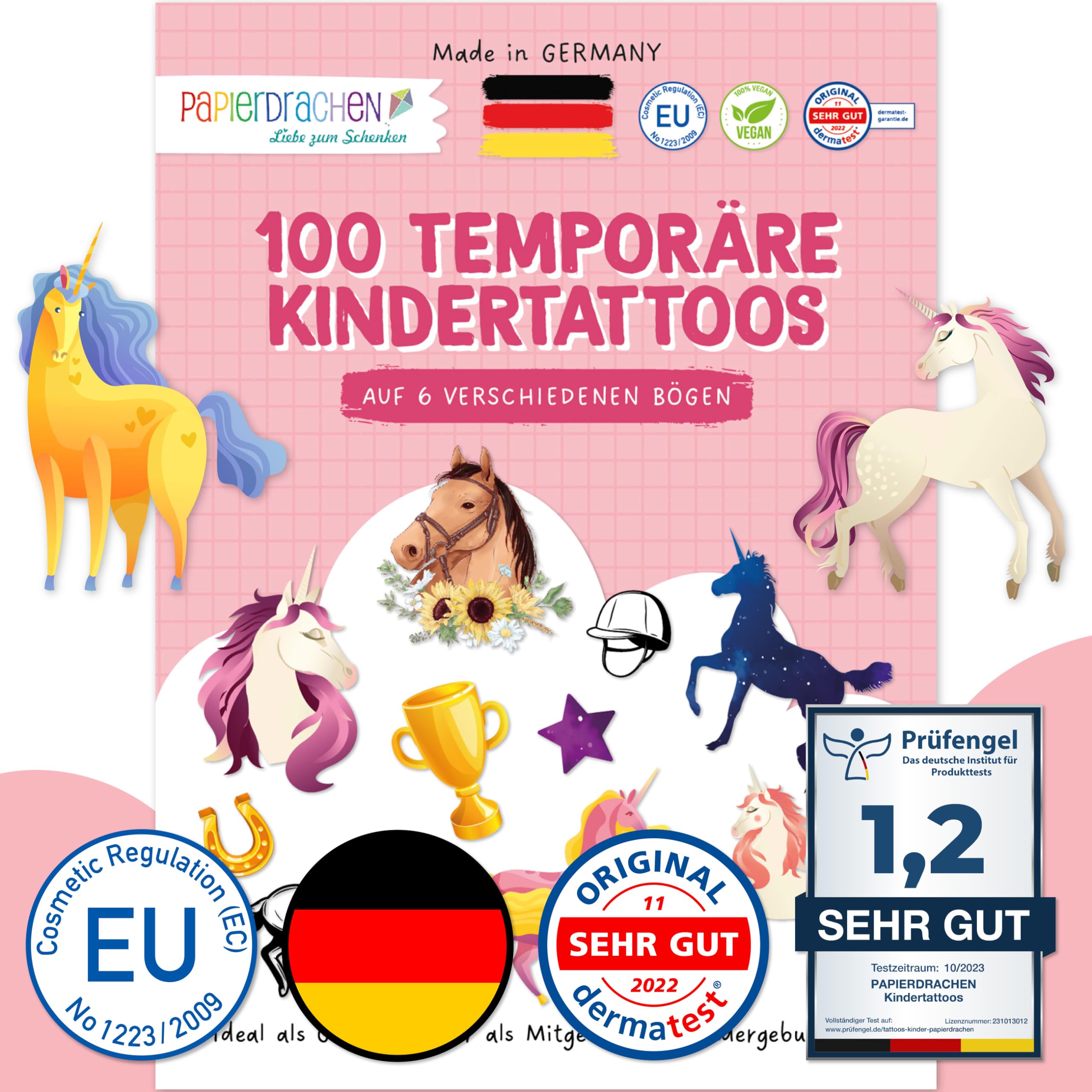 Papierdrachen 100 Tattoos Kinder - Motive mit Tieren - Hautfreundliche & Getestete Kindertattoos - Kinder Tattoo Mädchen & Tatoo Jungen - Tattoo Kinder Designs Klebetattoos - Geschenke Kinder