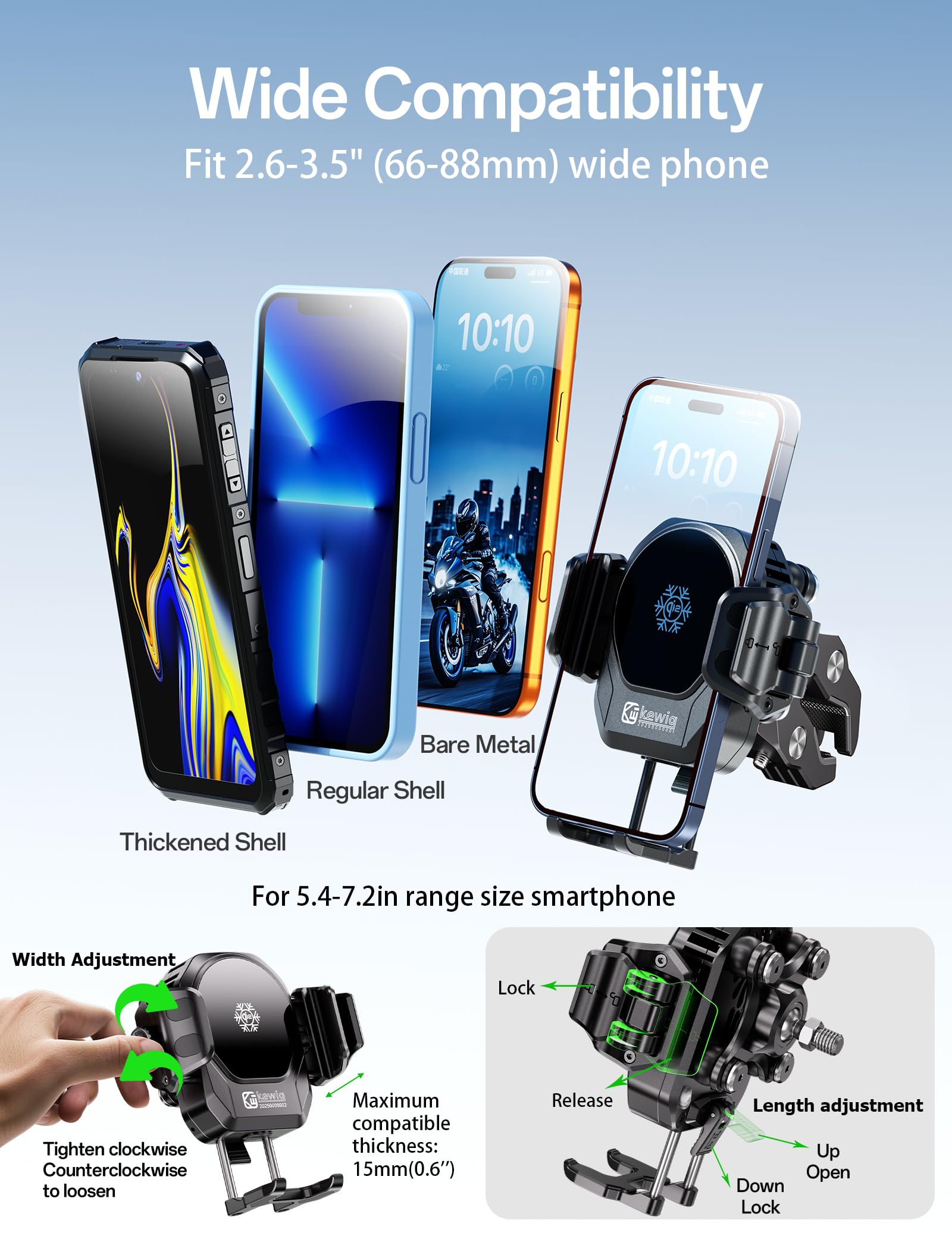 Kewig Support de téléphone pour moto avec chargeur sans fil Qi2 15 W et port de charge rapide 36 W PD/USB-C [amortisseur de vibrations] [compatible avec l'appareil photo] Support de téléphone pour