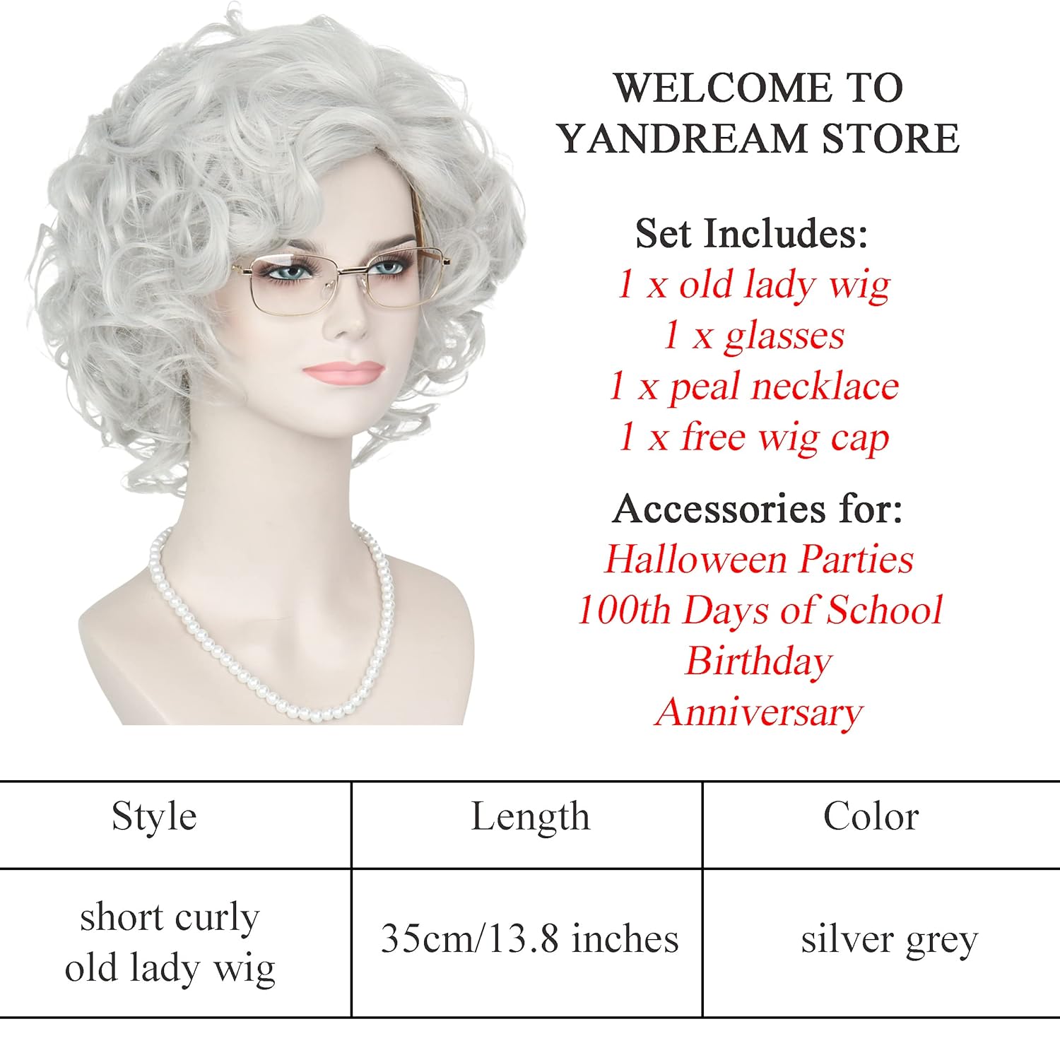Yan Dream Old Lady Wigs Old Woman Costume Set Silver Grey Grandma Wig Granny Glasses Pearl Necklace for Halloween