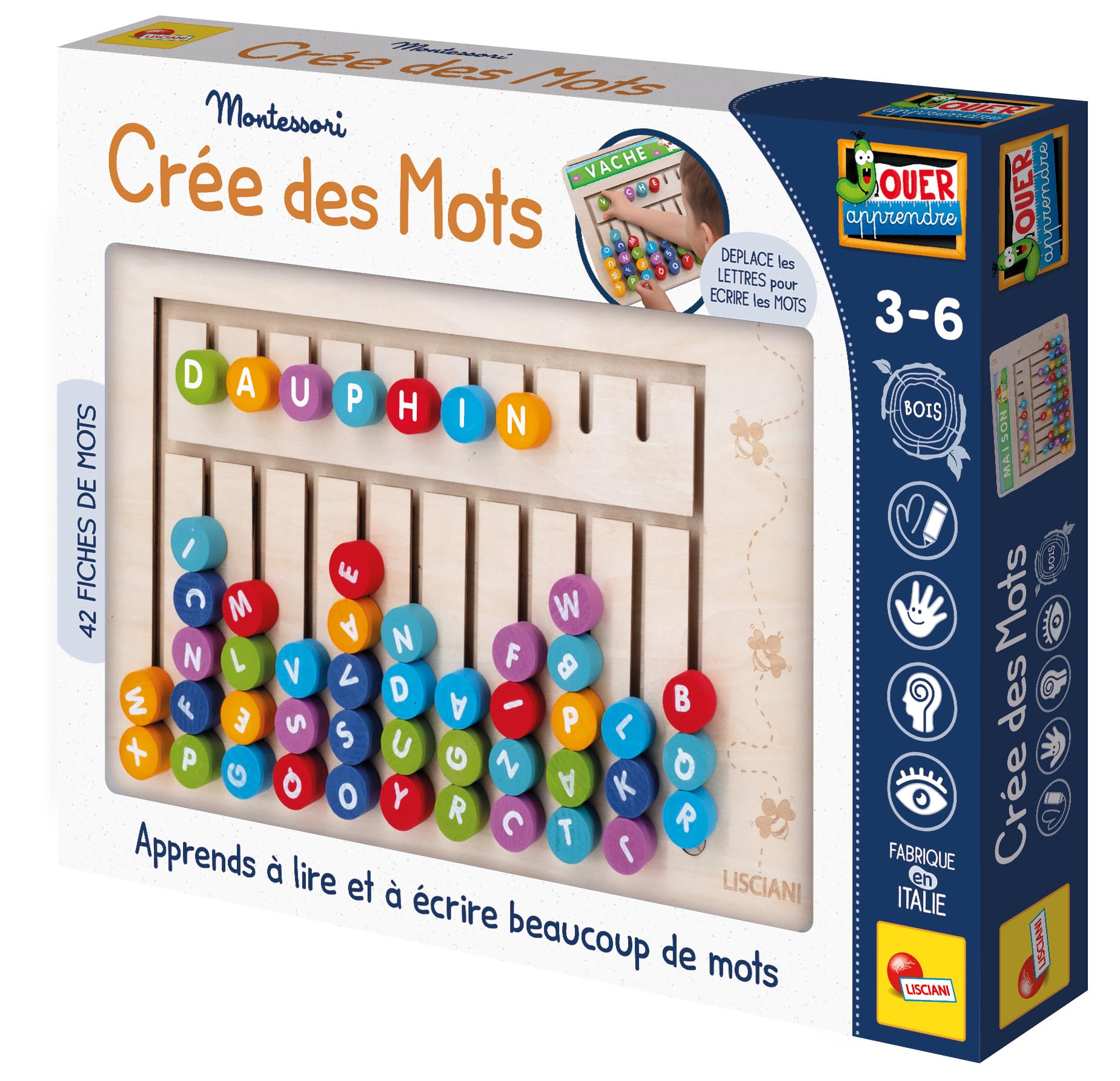 Lisciani Montessori Creates Words – Montessori Game for Learning to Read and Write for Children Aged 3 and Above – 42 Wooden Letters Reading Cards + Board – Educational Alphabet Game