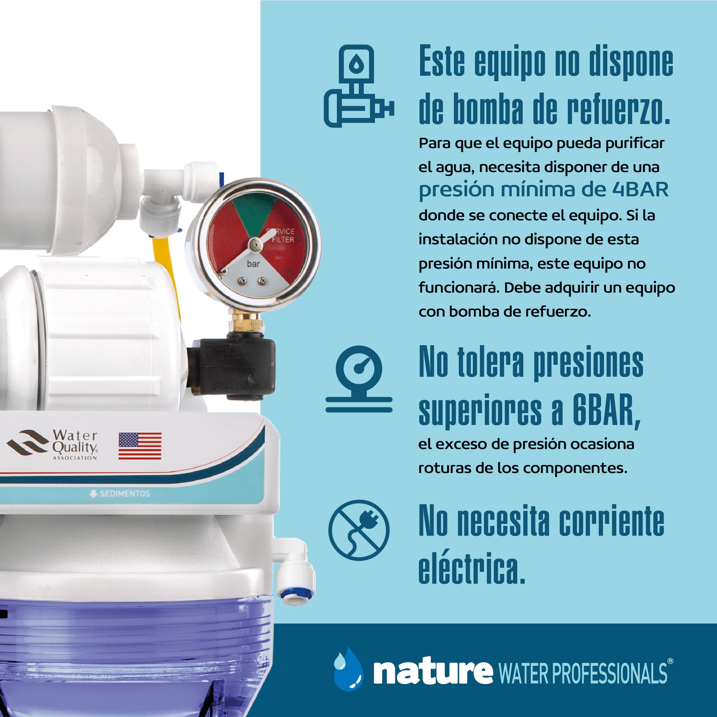NATURE WATER PROFESSIONALS Equipo de Osmosis Inversa Doméstico, 5 Etapas, Grifo Acero Inoxidable, Depósito 6 Litros, Membrana 75GPD, Filtros, Accesorios