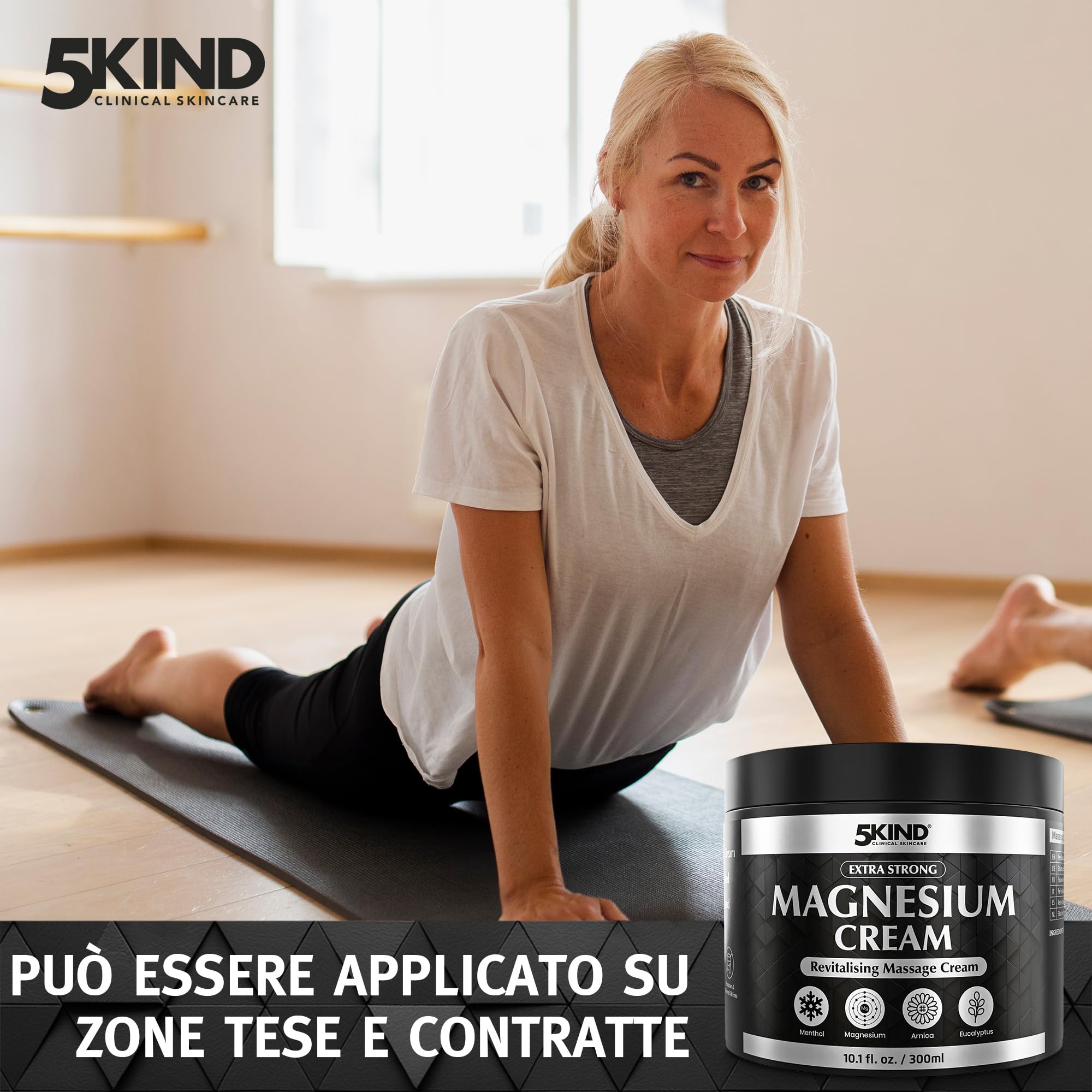 5Kind Crema al Magnesio Extra Forte 300ml - Crema al Magnesio per Muscoli, Articolazioni, Schiena, Ginocchia, Collo, Spalle - Arricchita con Arnica, Eucalipto, Consolida, Mentolo e Olio di Canapa