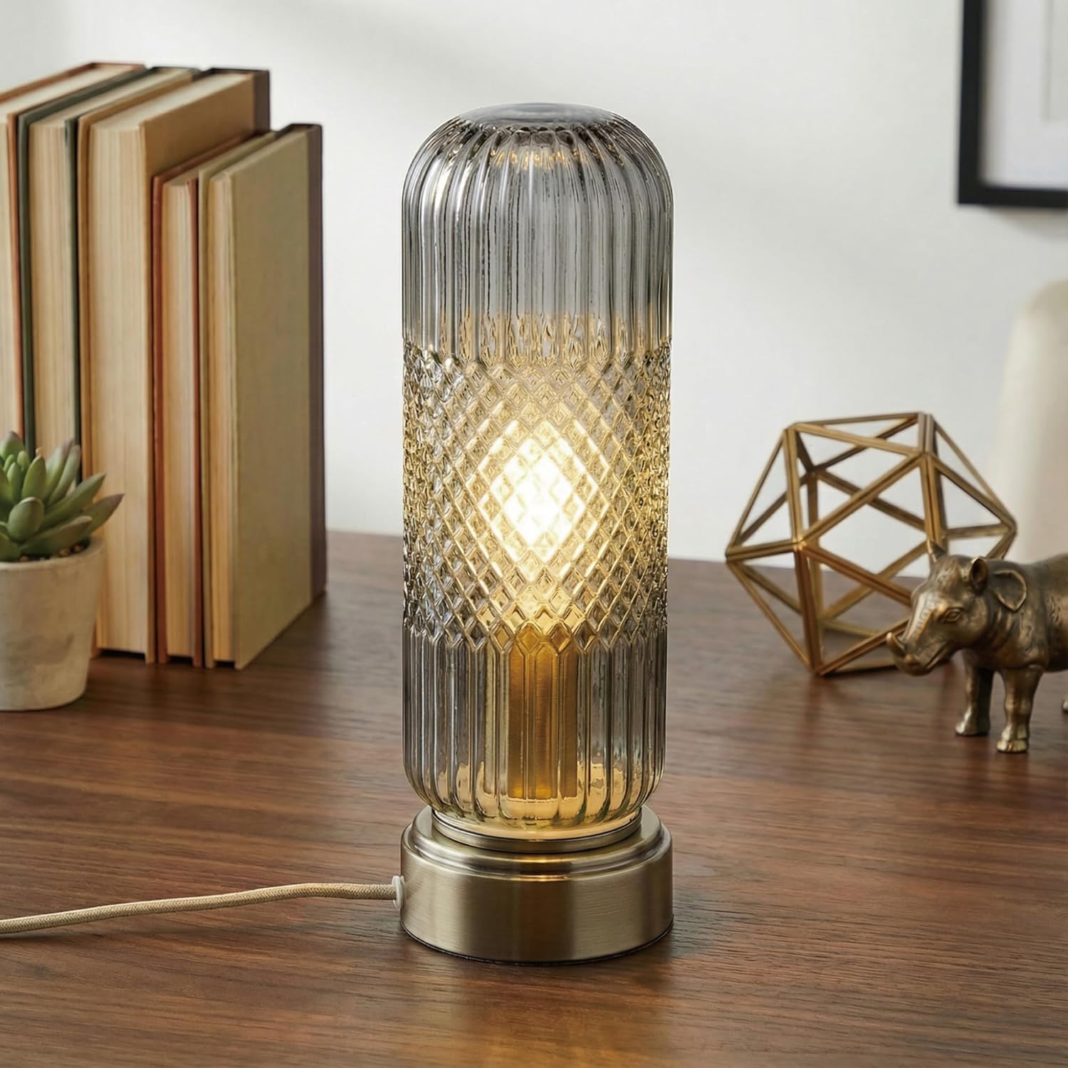 Buruis 11.6" Touch Dimmable Table Lamp, Ribbed Glass Shade with Antique Brass Metal Base, UL Listed, Modern Accent Lamp for Bedroom, Living Room, Bookshelf, Nightstand & Entryway, Smoky Gray
