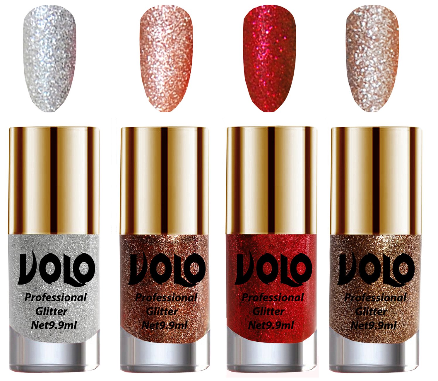 Volo Professionally Used Glitter Shine Nail Polish Combo Pack of 4(Silver Glitter, Peach Glitter, Red Glitter, Light Golden Glitter)-picture-28