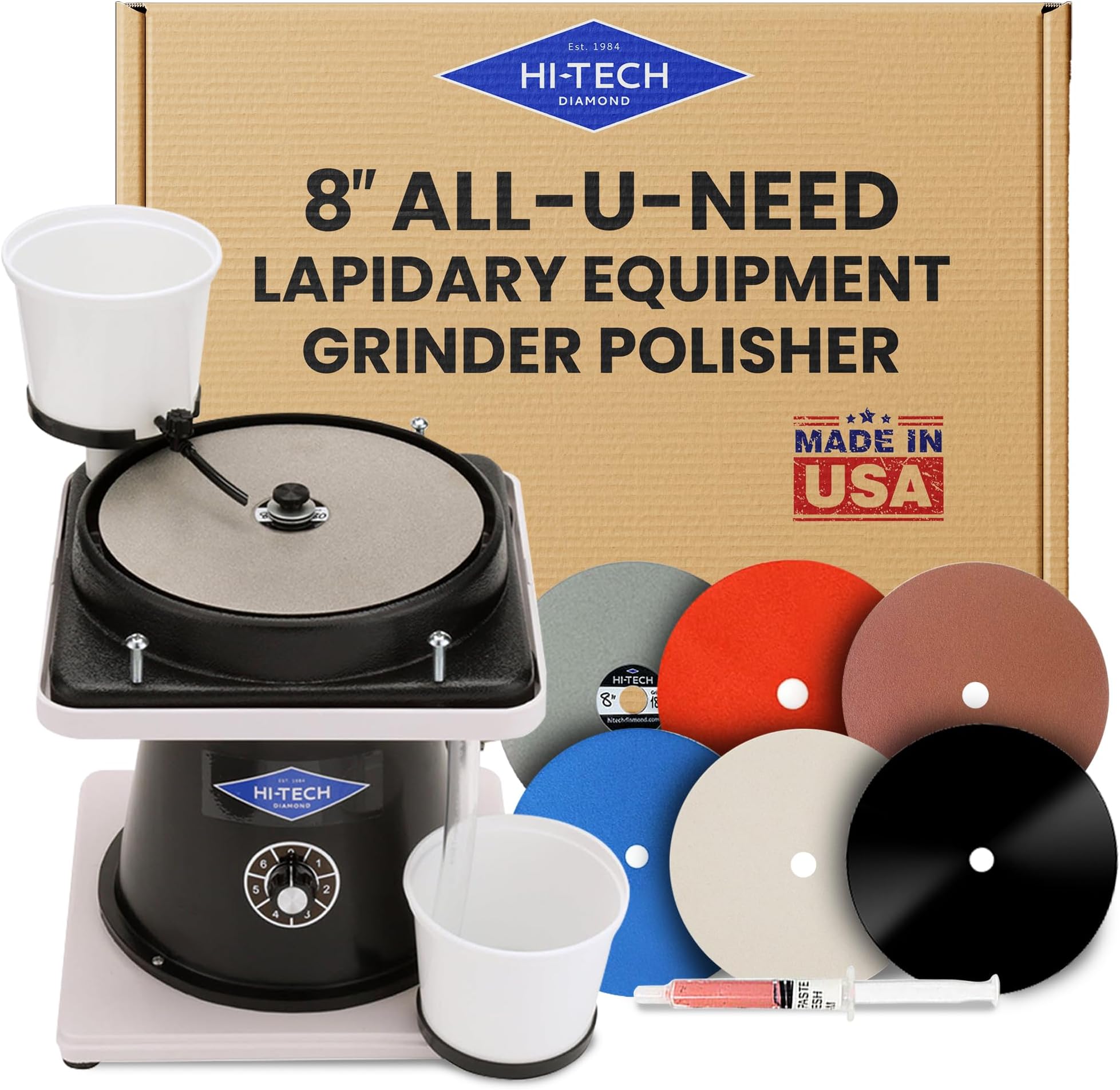 Hi-Tech Diamond 8" All-U-Need – Lapidary Equipment, Cabbing and Flat Lap Machine, Rock Polisher, Stone Grinder Tools, Gemstone Shaper, Polishing Equipment for Rocks and Minerals – 8 Inch, 115V Only