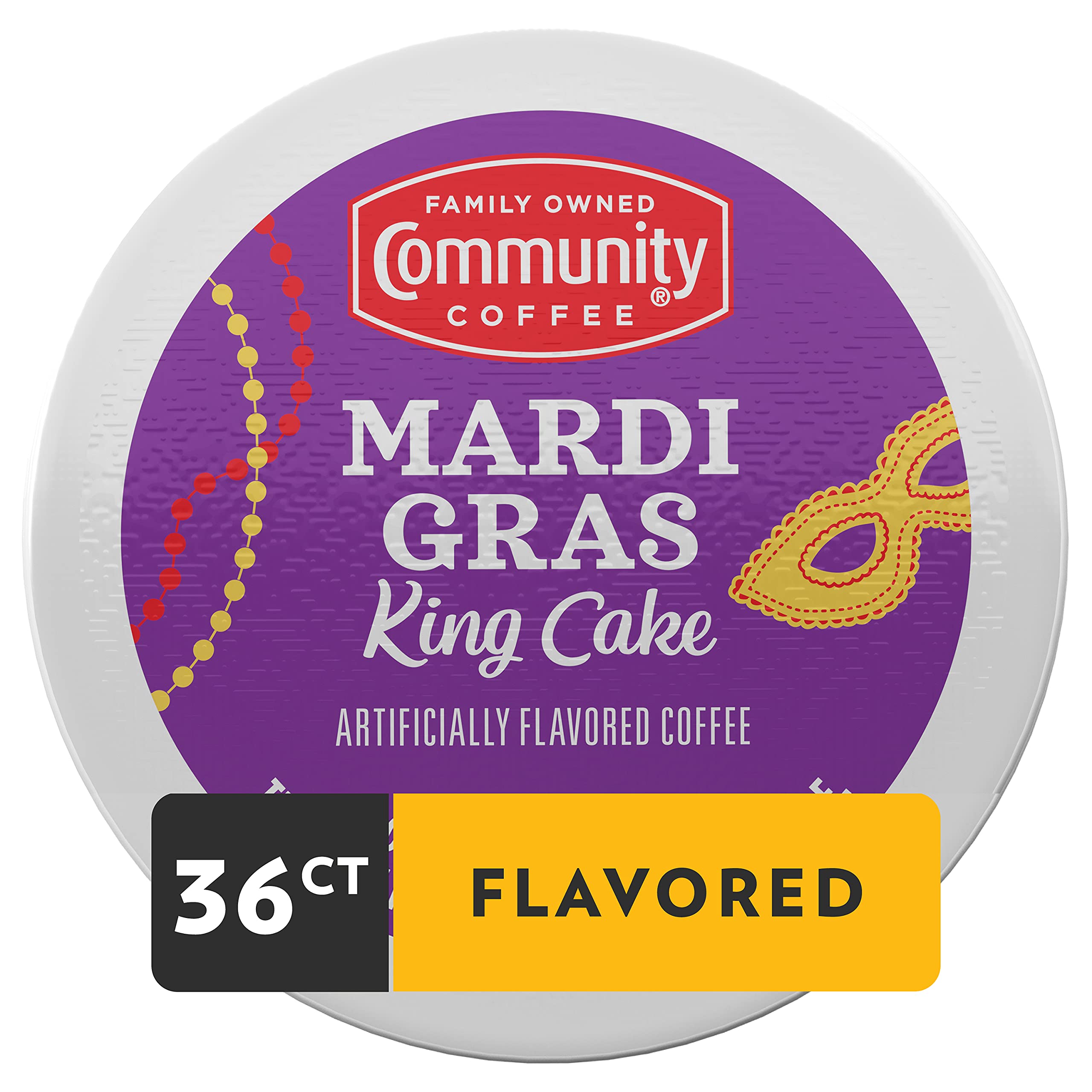Community Coffee Mardi Gras King Cake o smaku 36 kapsułek do kawy, średnia palona, kompatybilna z zaparzaczem Keurig 2.0 K, 12 szt. (3 sztuki)