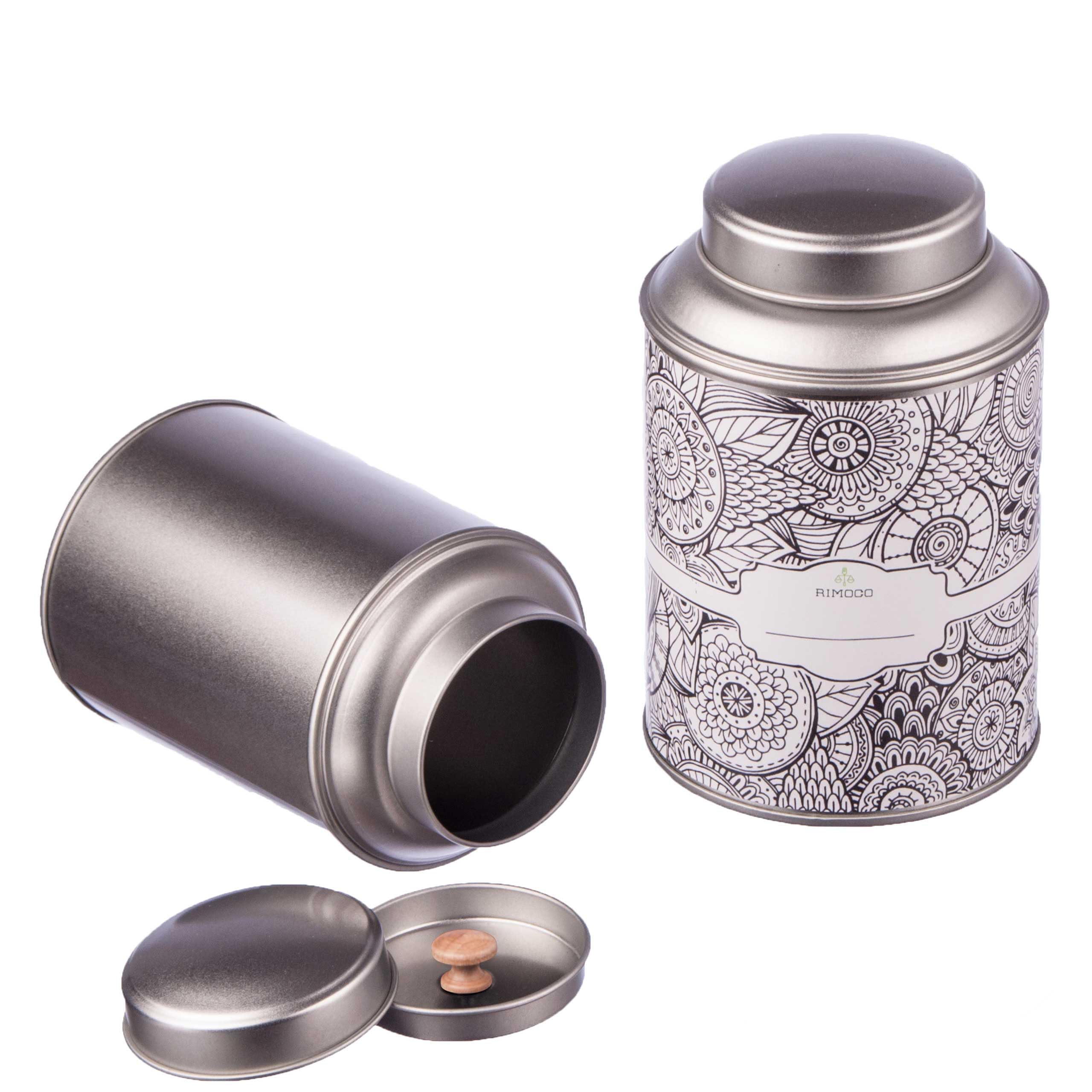 8 große Teedosen für losen Tee mit extra Aromadeckel inkl. Etiketten | stapelbar | Höhe: ca 13,9 cm, Ø 8,7 cm (für 100g - 150g Tee) | Material: Weißblech | BPA-frei und lebensmittelecht