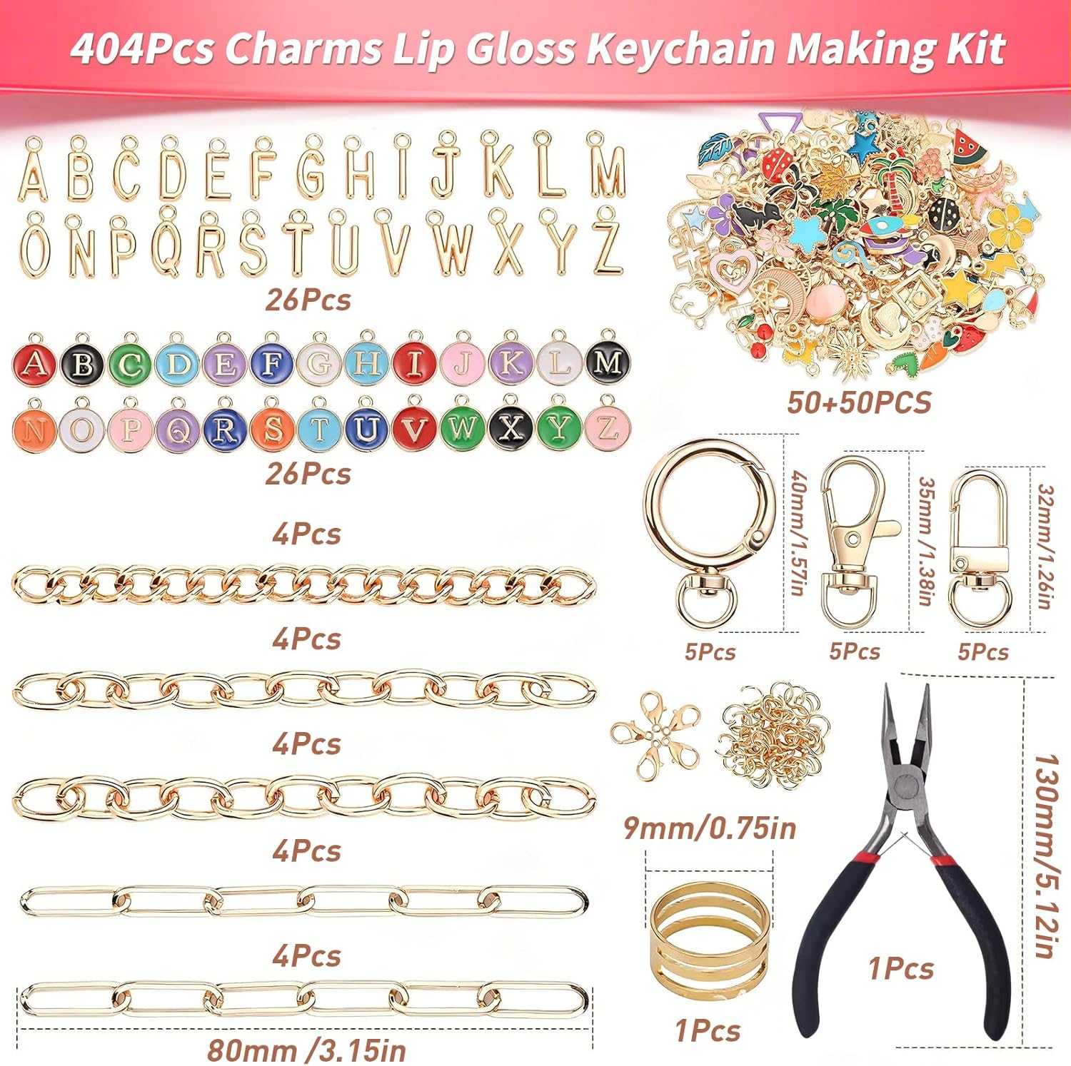 Tqcpkee 404Pcs Charms Lip Gloss Keychain Making Kit, DIY Bag Charm Kit with Charms, Including Key Chain Hooks, Jump Rings, Lobster Clasps, Charm, Tools, DIY Crafting/Jewelry Making Kit for Adult - Image 2
