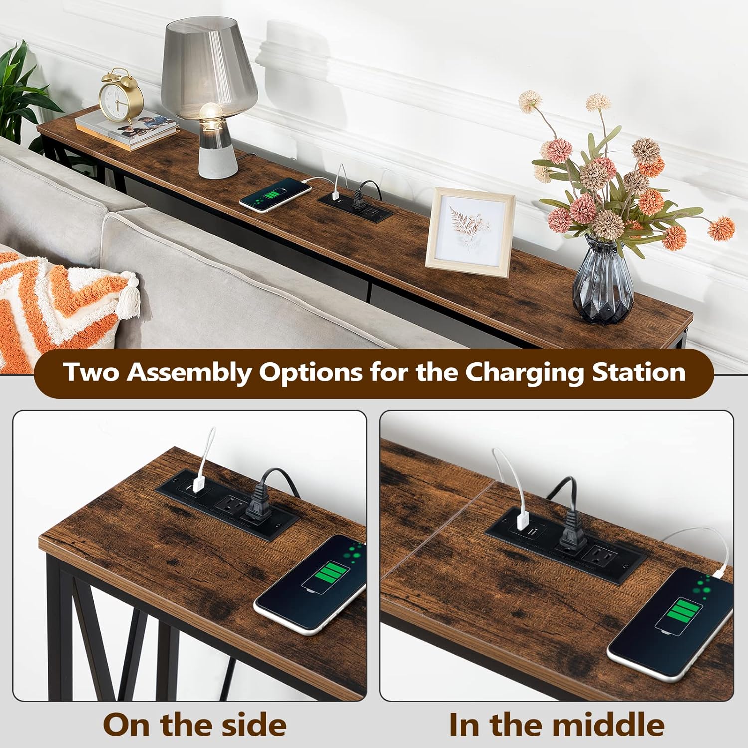 ALLOSWELL 63" Console Table with Power Outlet, Narrow Sofa Table, Farmhouse Sofa Couch Table with Charging Station, Sturdy and Durable, for Entryway, Living Room, Foyer, Rustic Brown CTHR8401 : Home & Kitchen