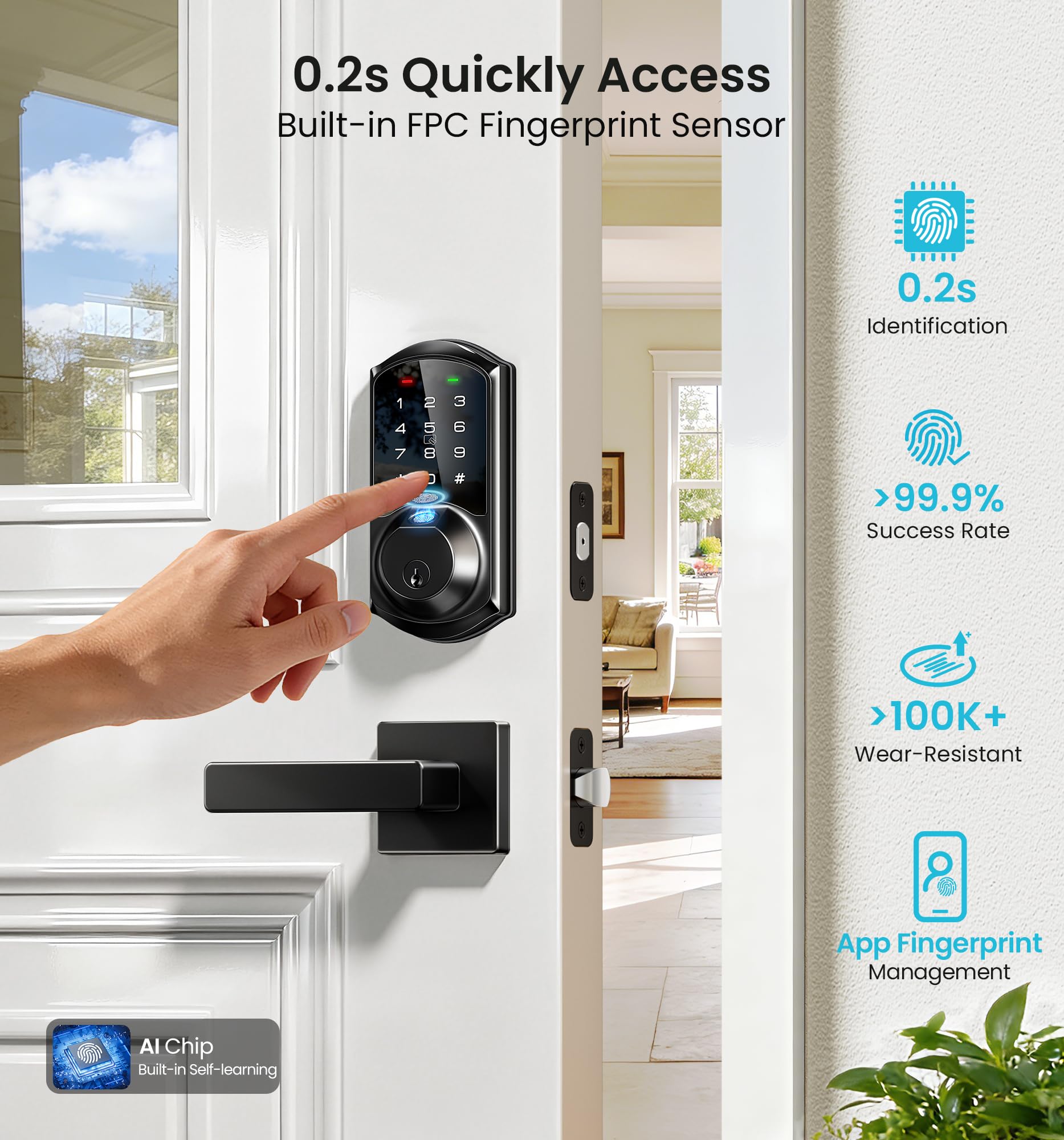 Veise VE07-L Fingerprint Smart Locks for Front Door with 2 Lever Handle Set, App Control, Keyless Entry, Electronic Digital Keypad Deadbolt, Auto Lock, Waterproof, Easy to Install, Matte Black
