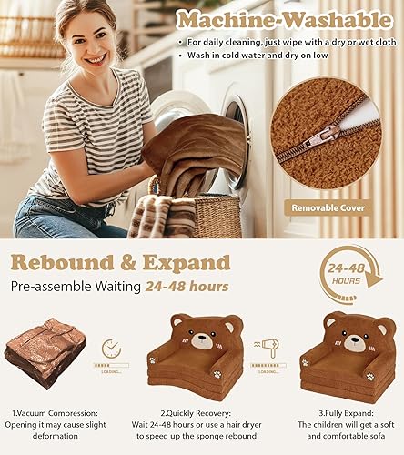 Miniatura 7 de Sofá para niños, sofá suave 2 en 1 plegable con manta, silla cómoda, sofá plegable de felpa convertible, regalos para niños, niñas, niños, oso