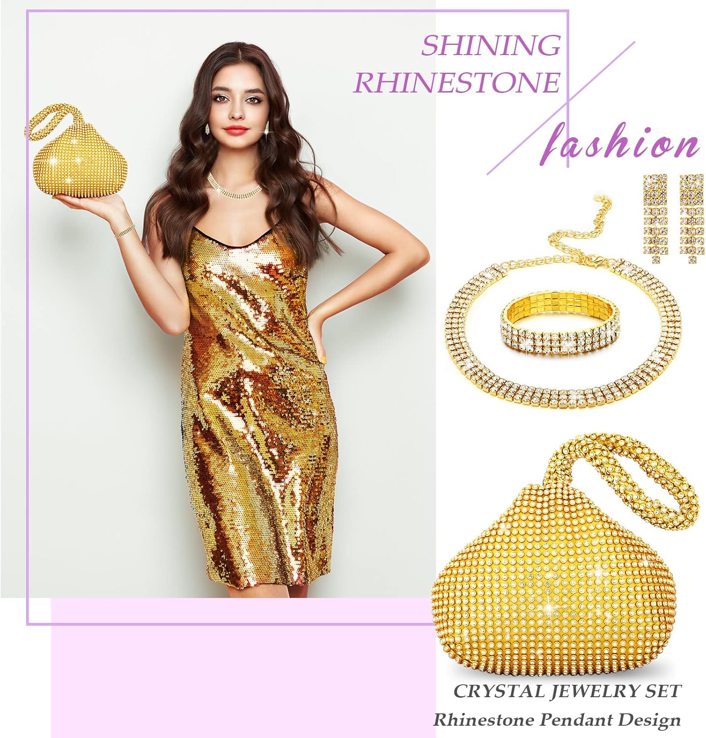 Mixweer 4 Pieces Clutch Purses Bag for Women Evening Rhinestone Jewelry Set Bling Necklace Earrings Bracelets Set for Wedding (Delicate Style) - Image 3