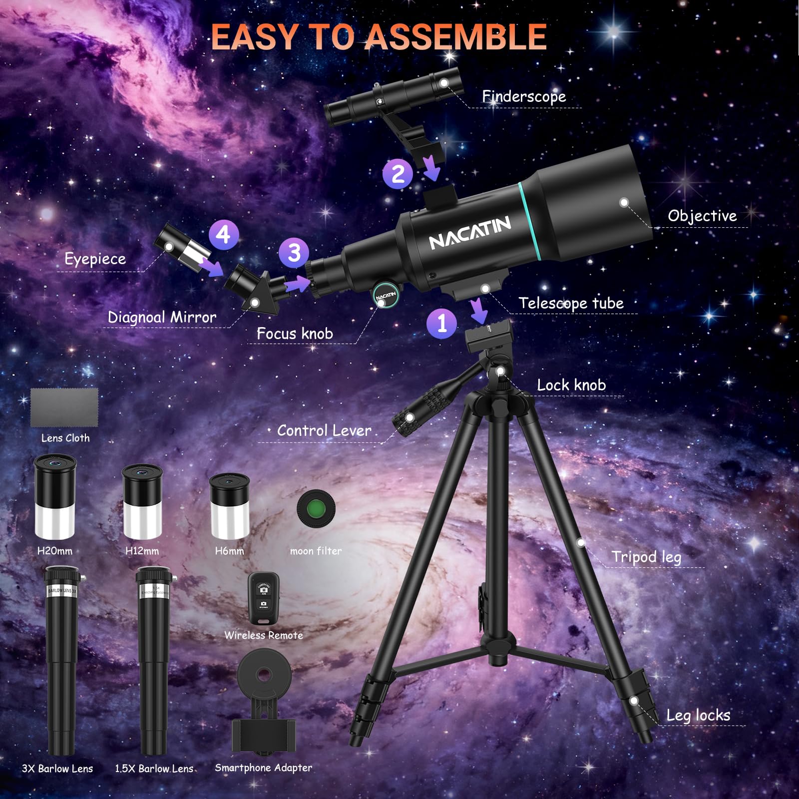 NACATIN - Telescopio para niños y principiantes, apertura de 70 mm, refractor astronómico, telescopio con trípode, adaptador de teléfono móvil, mando a distancia (negro)