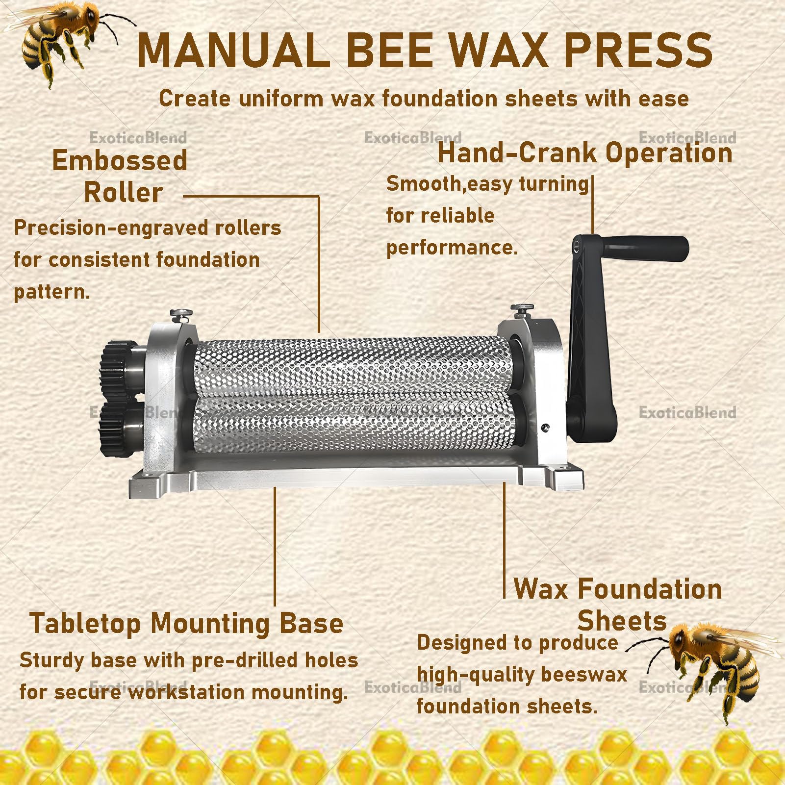 Manuelle Prägemaschine für Bienenwachs-Mittelwände (Walzenpresse) 5.4mm