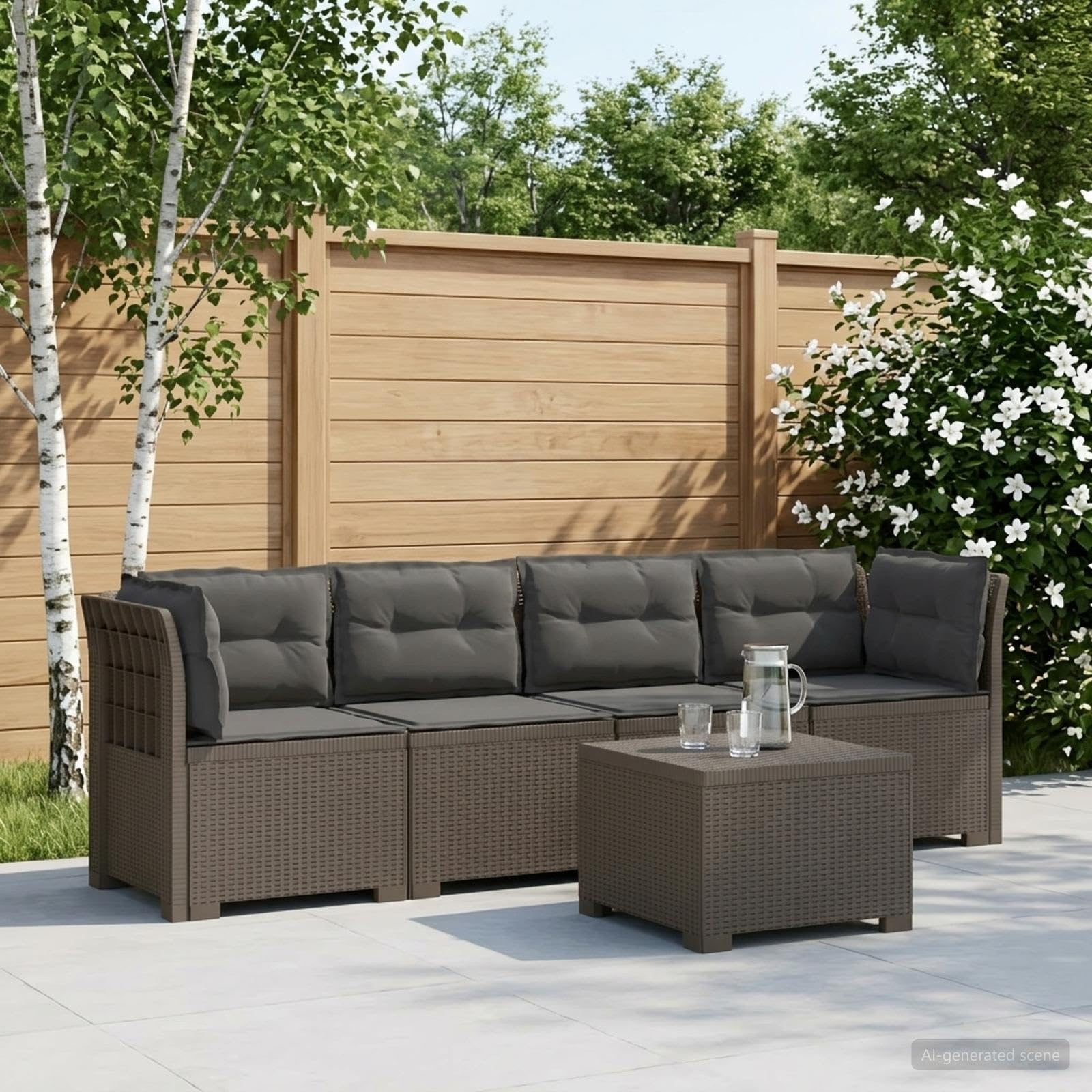 Set panca da giardino a 4 posti con cuscini da tavolo grigio chiaro