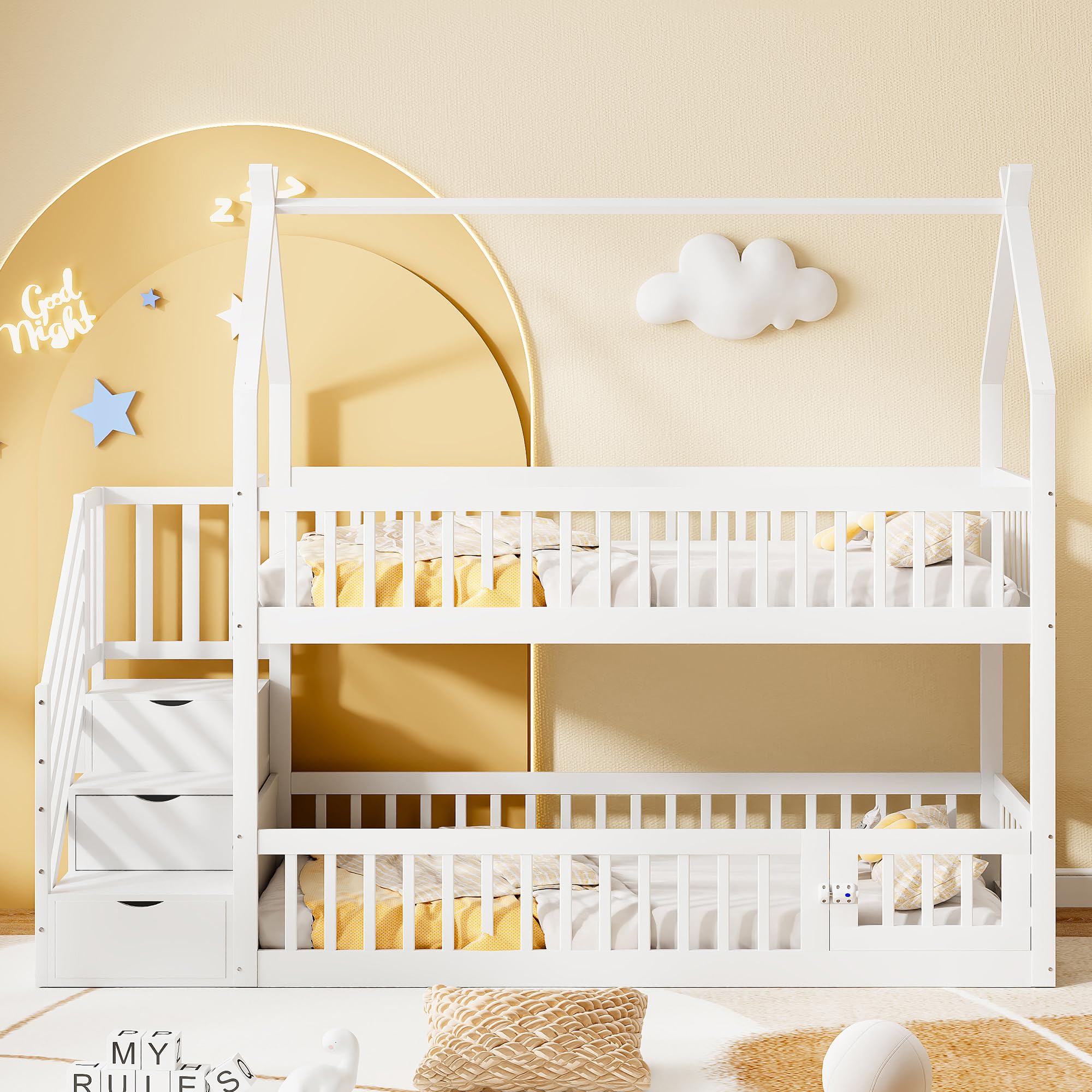 Etagenbett Kinderbett 90x200 cm mit Treppe und Stauraum, Hochbett Hausbett mit Rausfallschutz und Armlehne, Holzbett Bettgestell mit Lattenrost (Nur das obere Bett), Weiß, Ohne Matratze