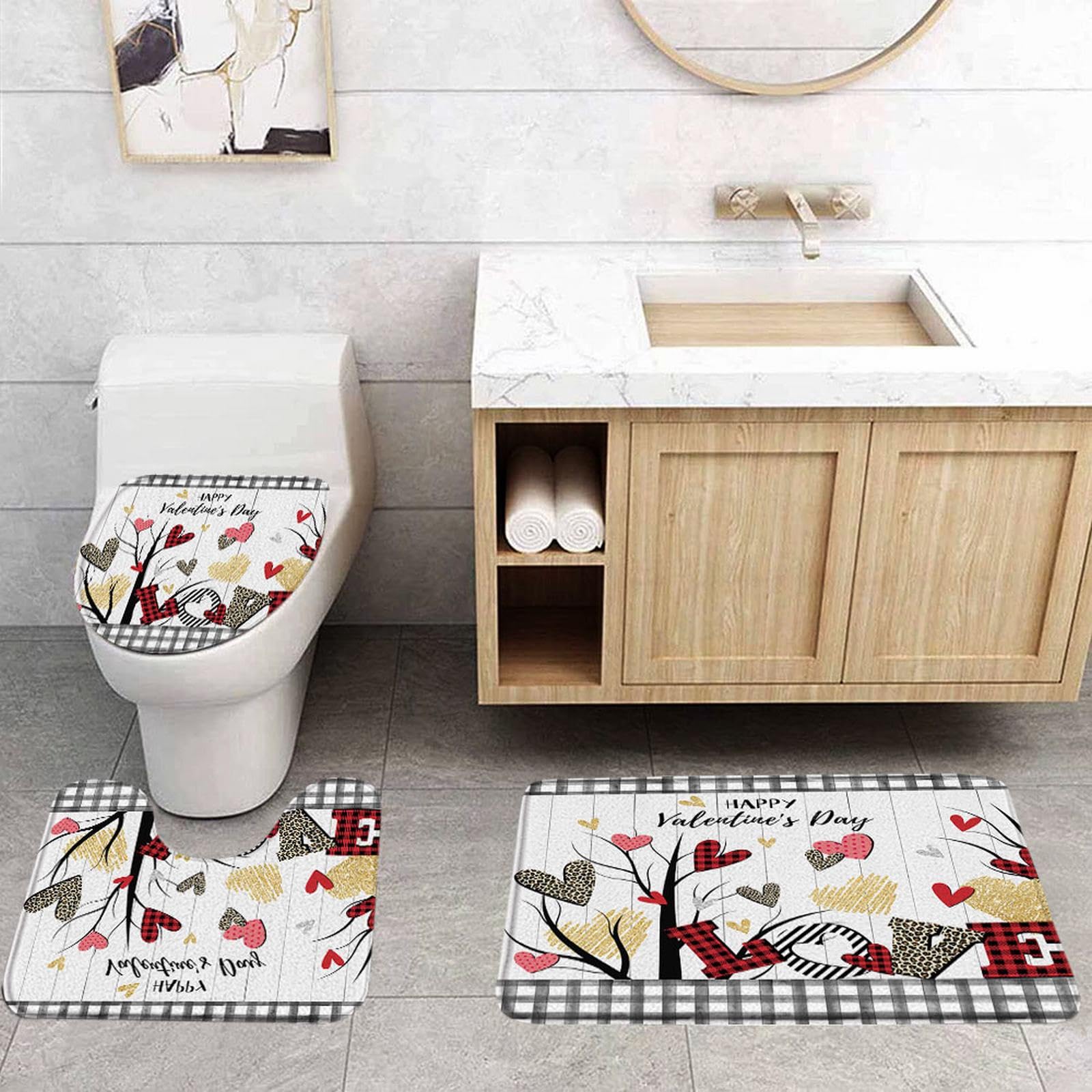 VPUPCN Valentine's Day 3 Pcs Bath Rugs Set,Buffalo Check Plaid Love Heart Tree Farmhouse Romantic Sweet Couple Woman Bathroom Kitchen Rug with 16