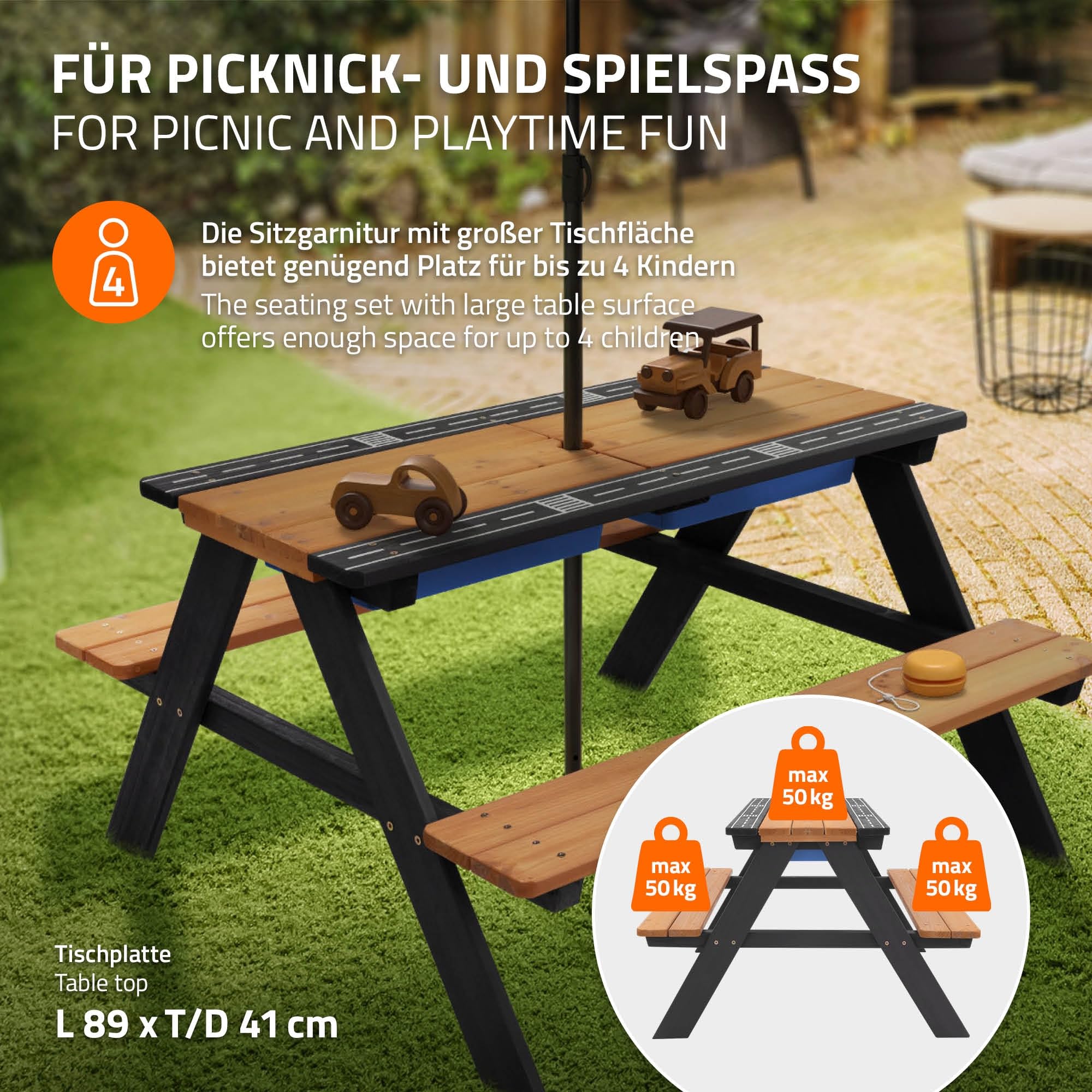 ML-Design 2en1 Ensemble pour Enfants 2 Bancs et Table de Jeux de Sable et d'eau, Brun Naturel, Bois Massif/Métal, Plateau Amovible avec 2 Bacs de Jeu en Plastique Bleu, 4 Places, Trou pour Parasol