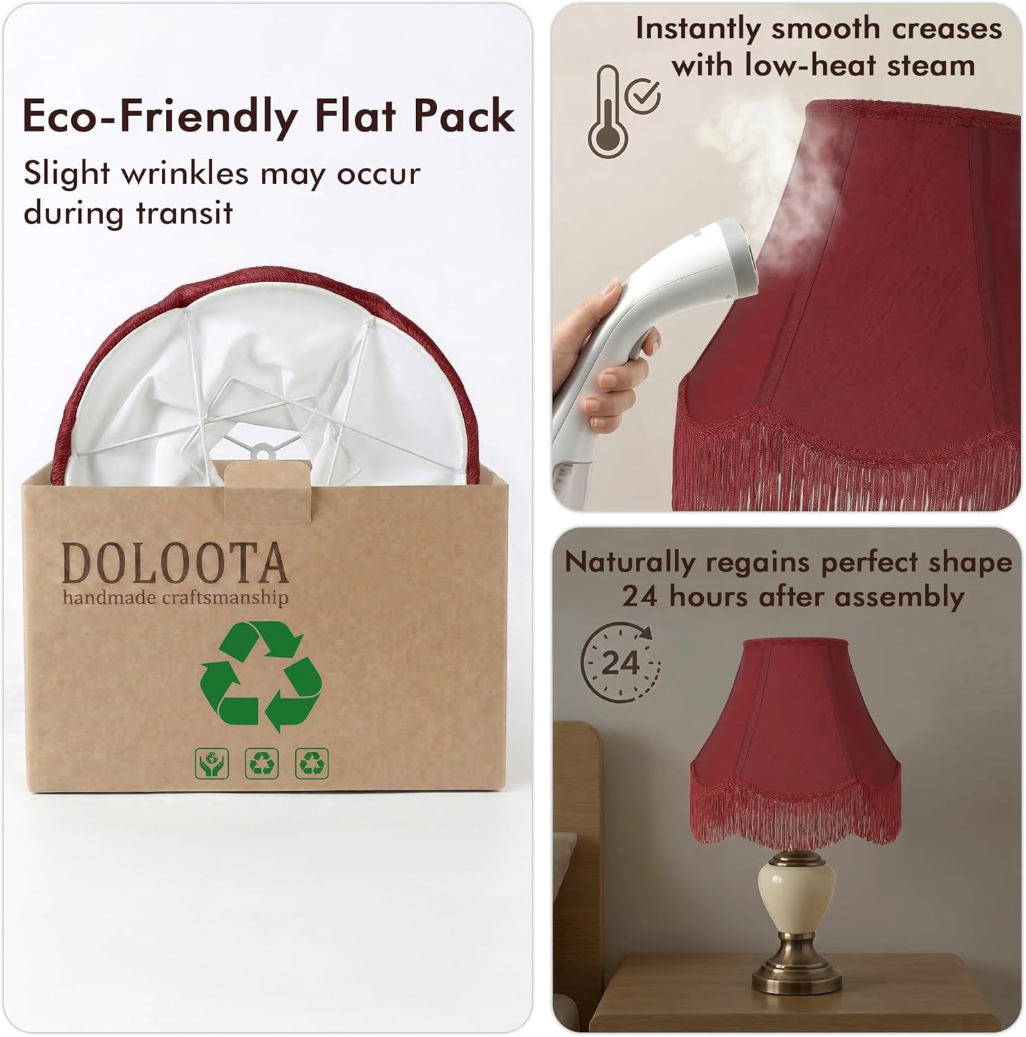 Burgundy Bell Fringe Lamp Shades Set of 2, 6" x 13" x 10.6"(Spider) Victorian Scalloped Trim Lampshades, Slub Textured Fabric Replacement Lamp Shades for Table Lamps, Easy Assembly