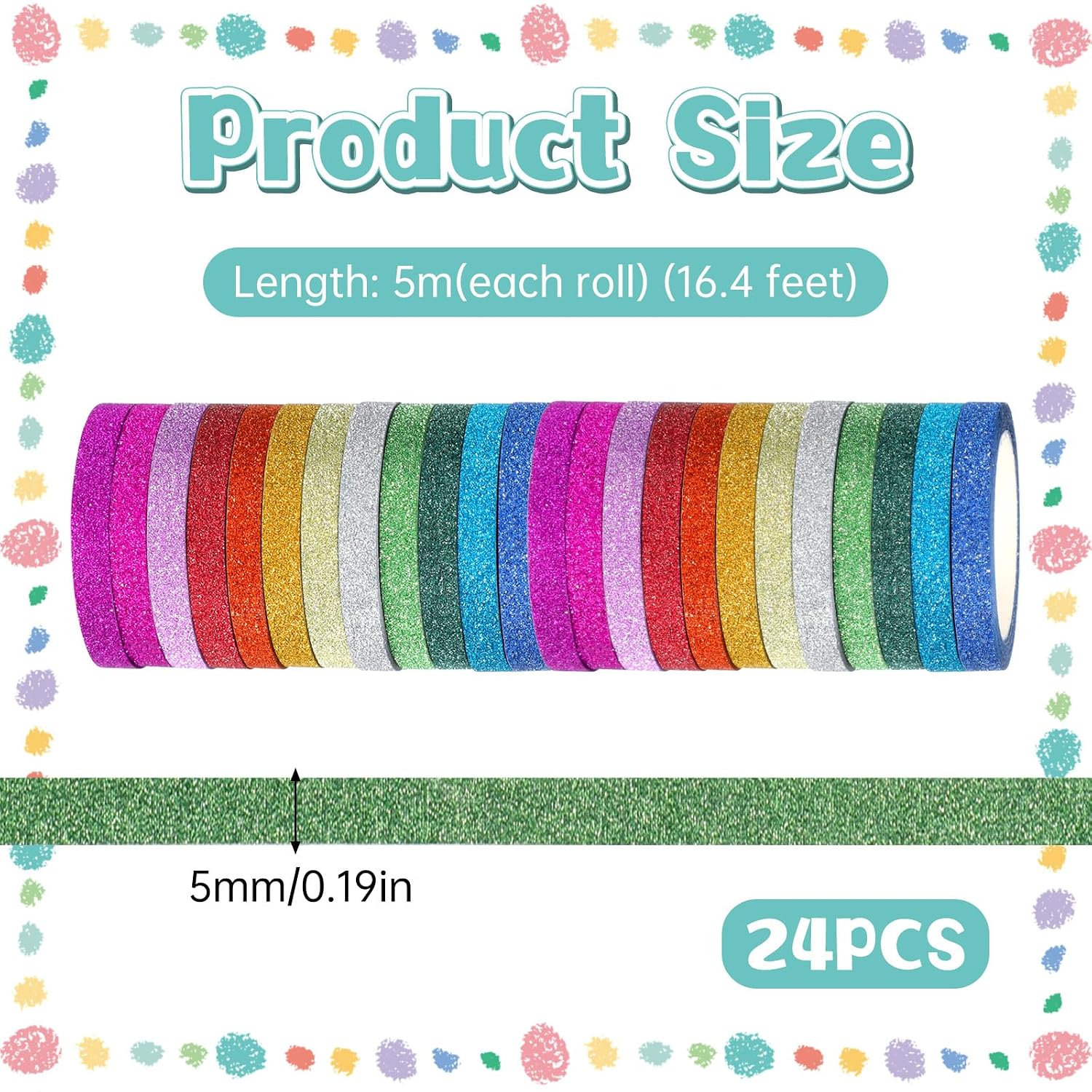 24 Rolls Glitter Washi Tape, 5mm Thin Colored Masking Tape Set Washi Tapes Set Metallic Foil Sparkly Decorative Craft Tapes, Metallic Foil Glitter Decorative Crafttape for Journal DIY Crafts Book