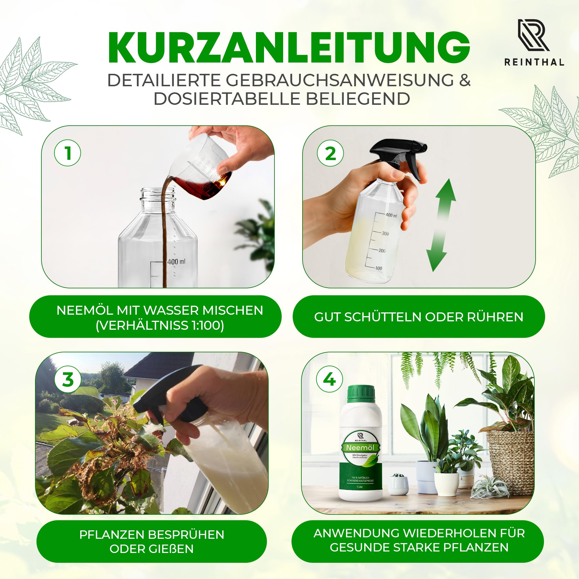 Huile de neem avec émulsifiant 1000 ml – Avec accessoires de qualité supérieure en 3 parties – Soin naturel des plantes – Donne 120 l d'huile de neem en spray prête à pulvériser – Huile de