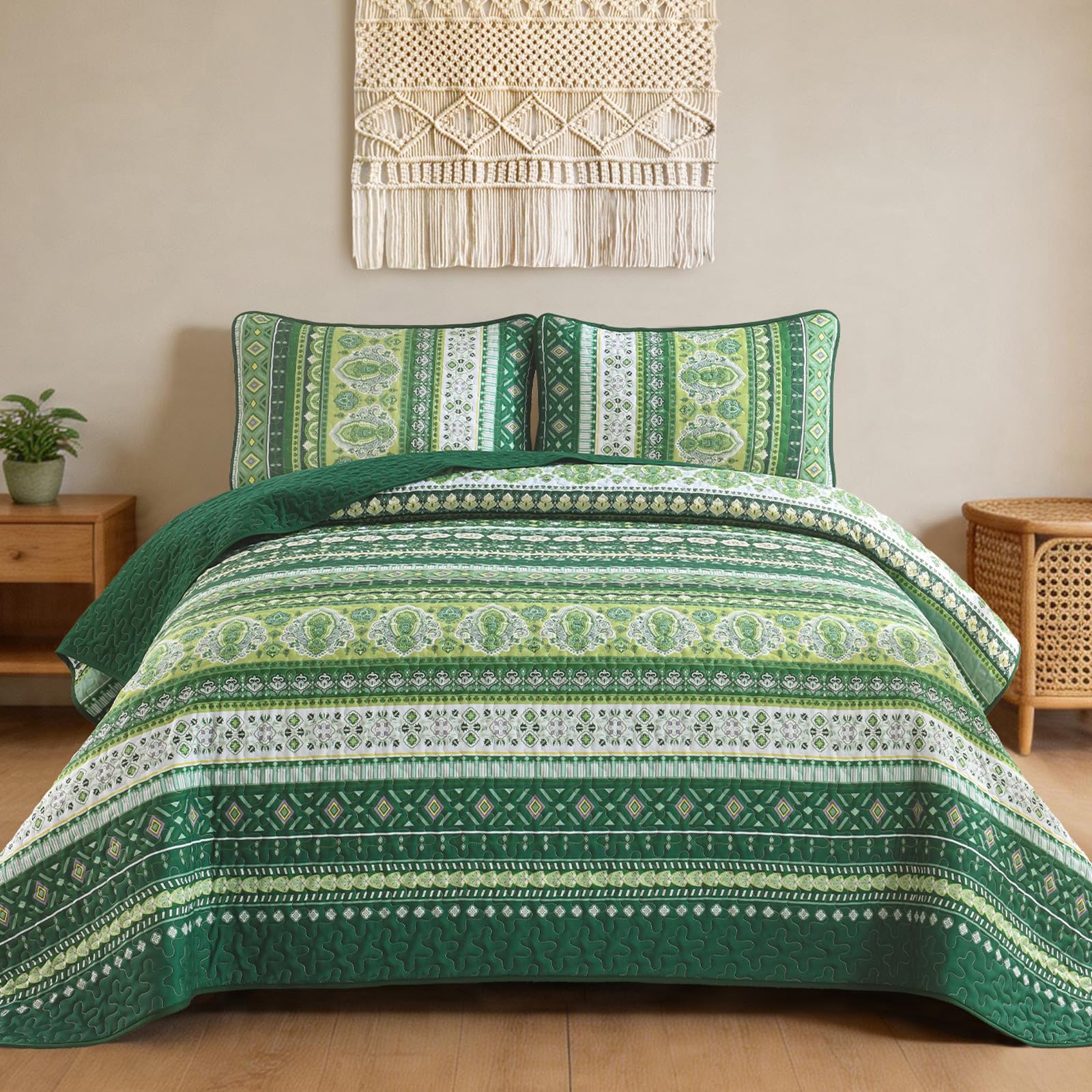 Goodidea Boho Quilt Set Queen Size, Dark Green Striped Microfiber Bedspread