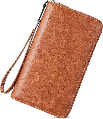 BROMEN Cartera de cuero grande para mujer, soporte para teléfono con cremallera alrededor del bolso