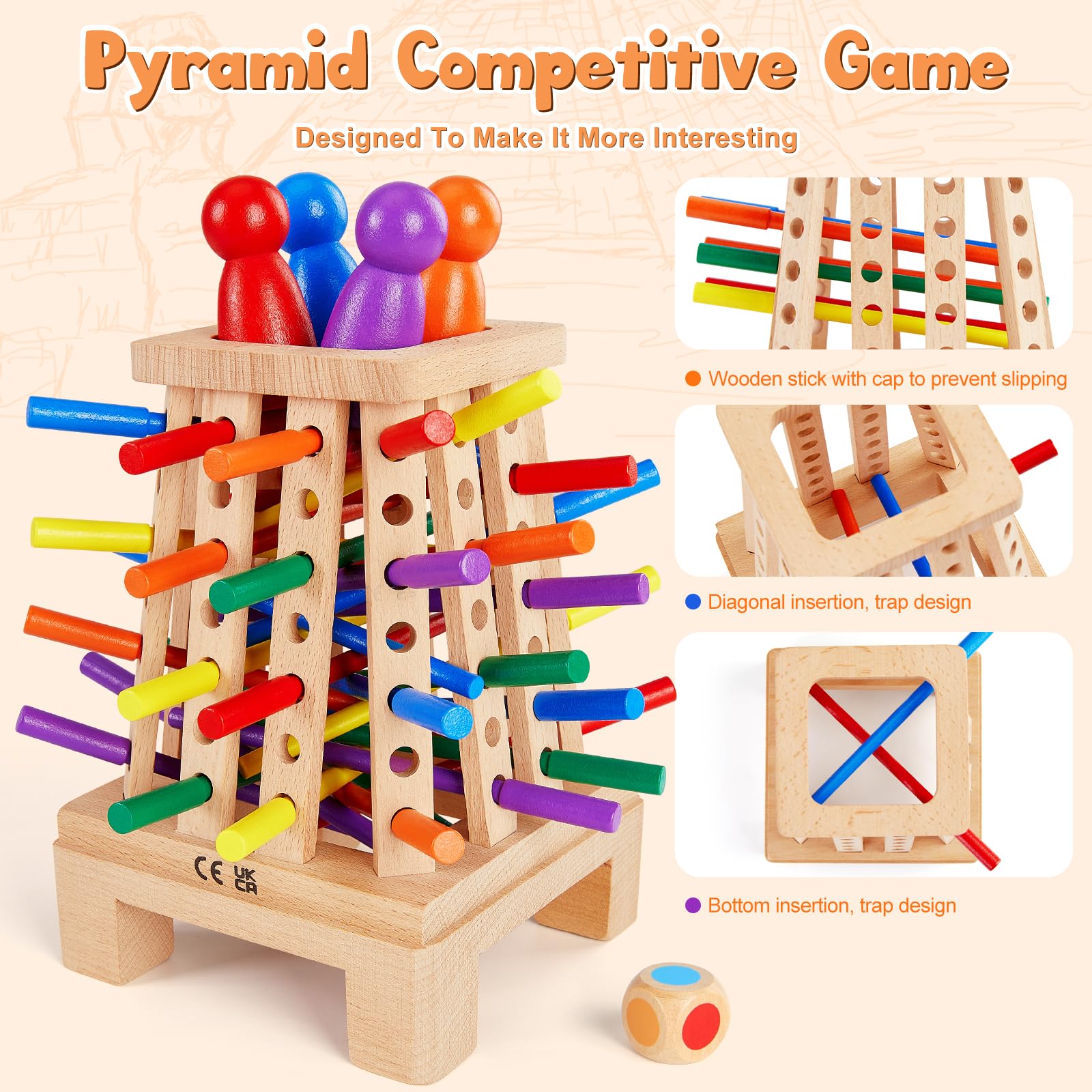 Jeux Montessori Jeu de Société en Bois pour Garçons Filles, Jeu de Tour en Bois avec Bâtons Colorés et Dés Jouets Éducatifs Famille Jeux Voyage Cadeau Enfant 3 4 5 6 7 8 9 Ans