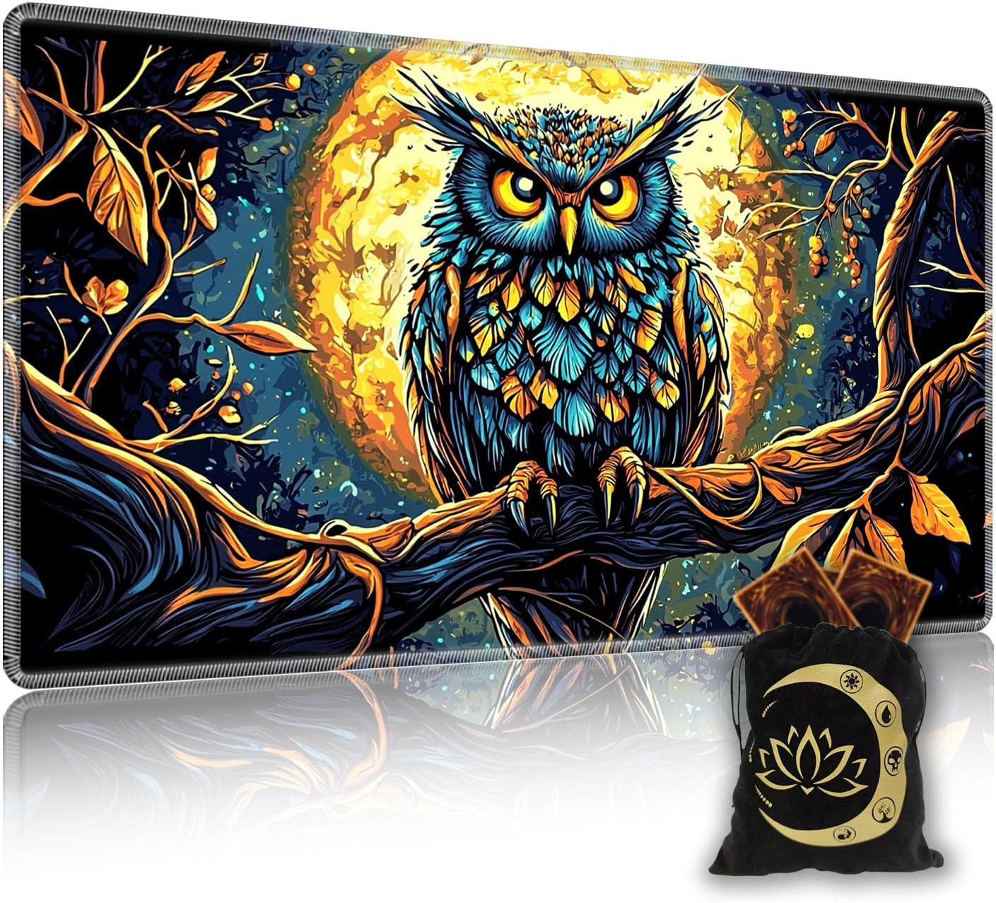 for MTG Playmat in Storage Bag, Commander Board Game Desk Mat with Non-Slip Backing Printing, Ideal for TCG MTG CCG RPG Card Game Playing Playmat, Card Gaming Accessories,Night Owl