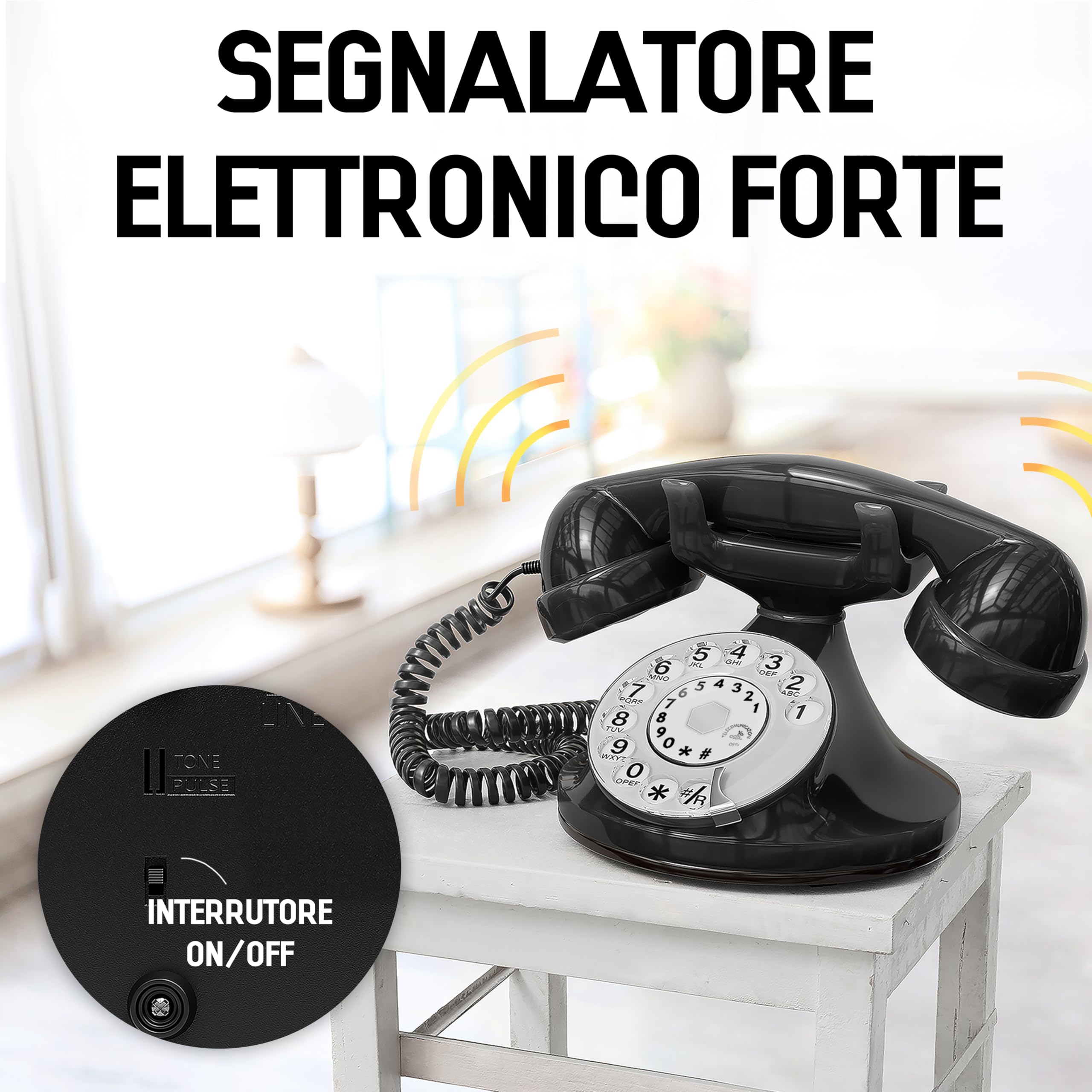 OPIS FunkyFon cable: Telefono fisso casa vintage con disco, telefono antico per linea fissa, stile retrò classico Nero