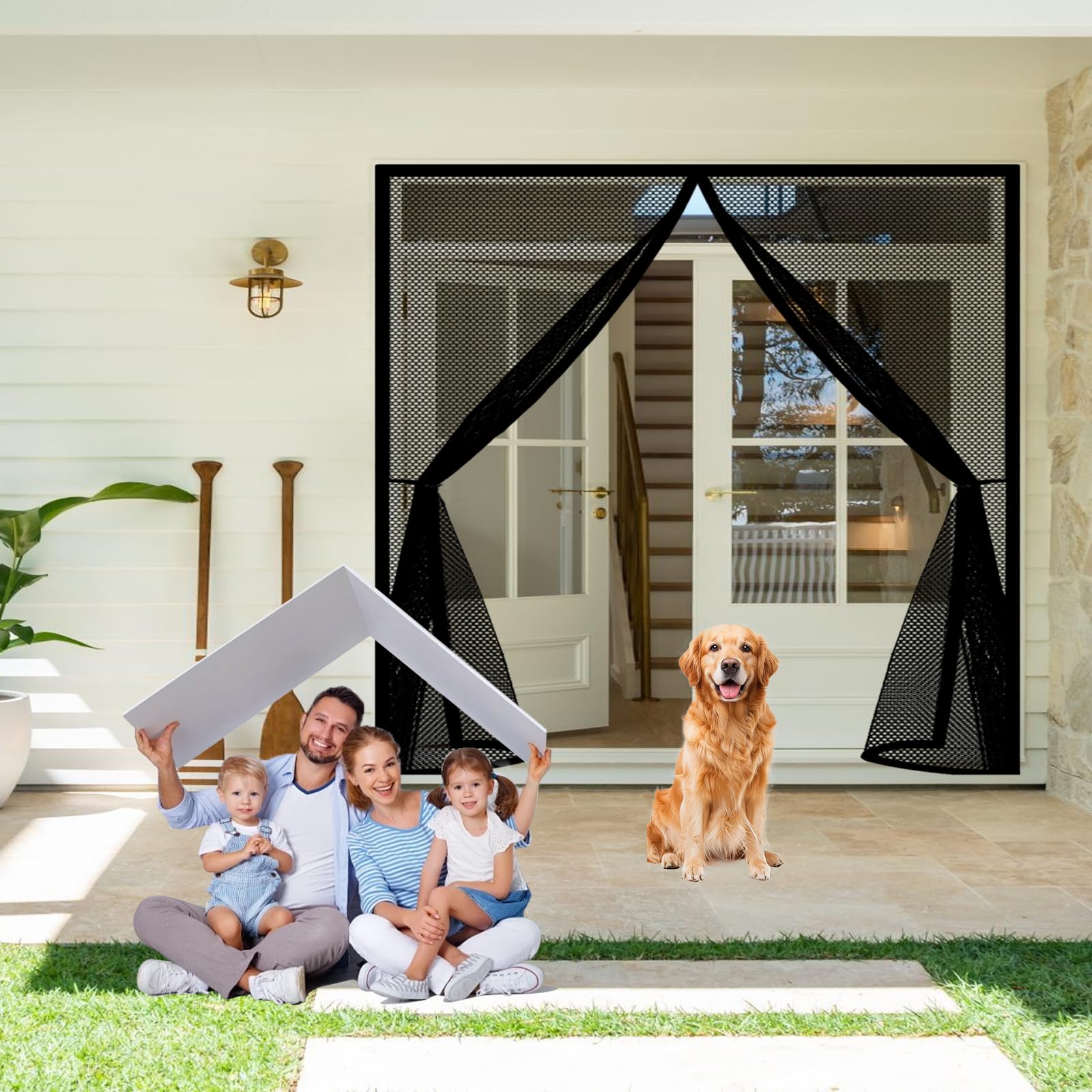 Door Fly Screen 155 x 195 cm Keep Bugs Out, Full Frame Magic Tape, Powerful Magnets, Self Sealing, No Drill Installation, Magnetic Door Fly Screen for Balcony Bedroom Doors, Black