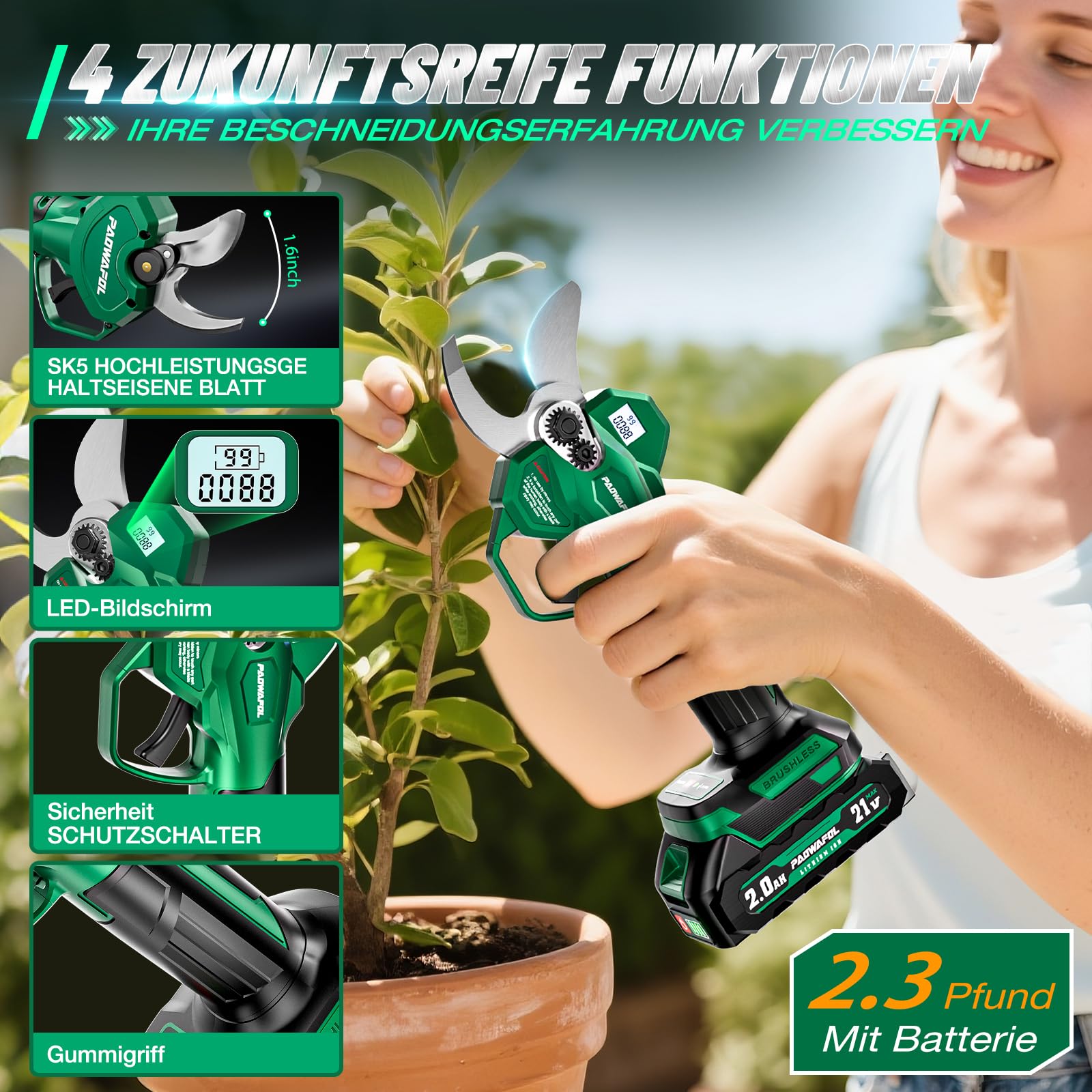 Akku Astschere, Elektrische Gartenschere mit 41 mm max. Schnittdurchmesser elektrische schere mit 2*2000 mAh Batterien, LCD-Display bürstenlosem Motor und Ersatzklinge, für Äste und Obstbäume