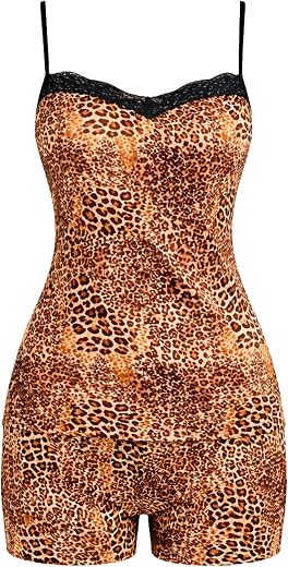 Love One Women Satin Cami Top and Shorts Night Suit Set, Soft 2 Piece Leopard Print Lace Sexy Sleepwear Nightwear Lingerie...