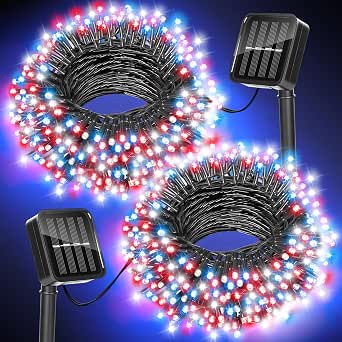 Red, White, and Blue Solar String Lights - Waterproof Outdoor Decor, 100 LED, 45ft, 8 Modes, 2 Pack