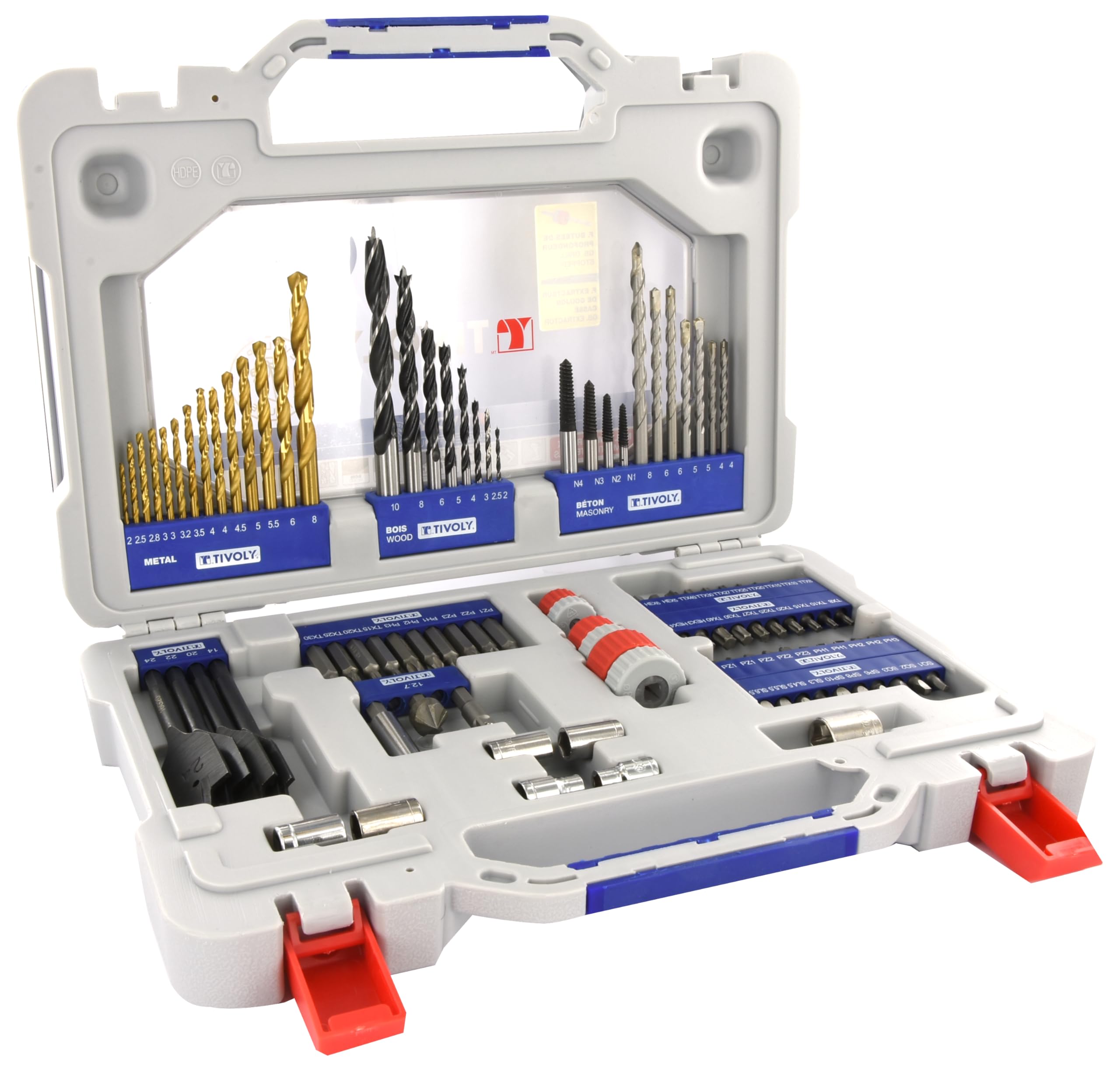 TIVOLY – Maletín de 100 piezas taladrado + tornillos + extractores – 14 brocas metálicas, 8 brocas de madera y 4 mechas de madera, 7 brocas de hormigón, 4 extractores, 50 puntas de atornillado y otros