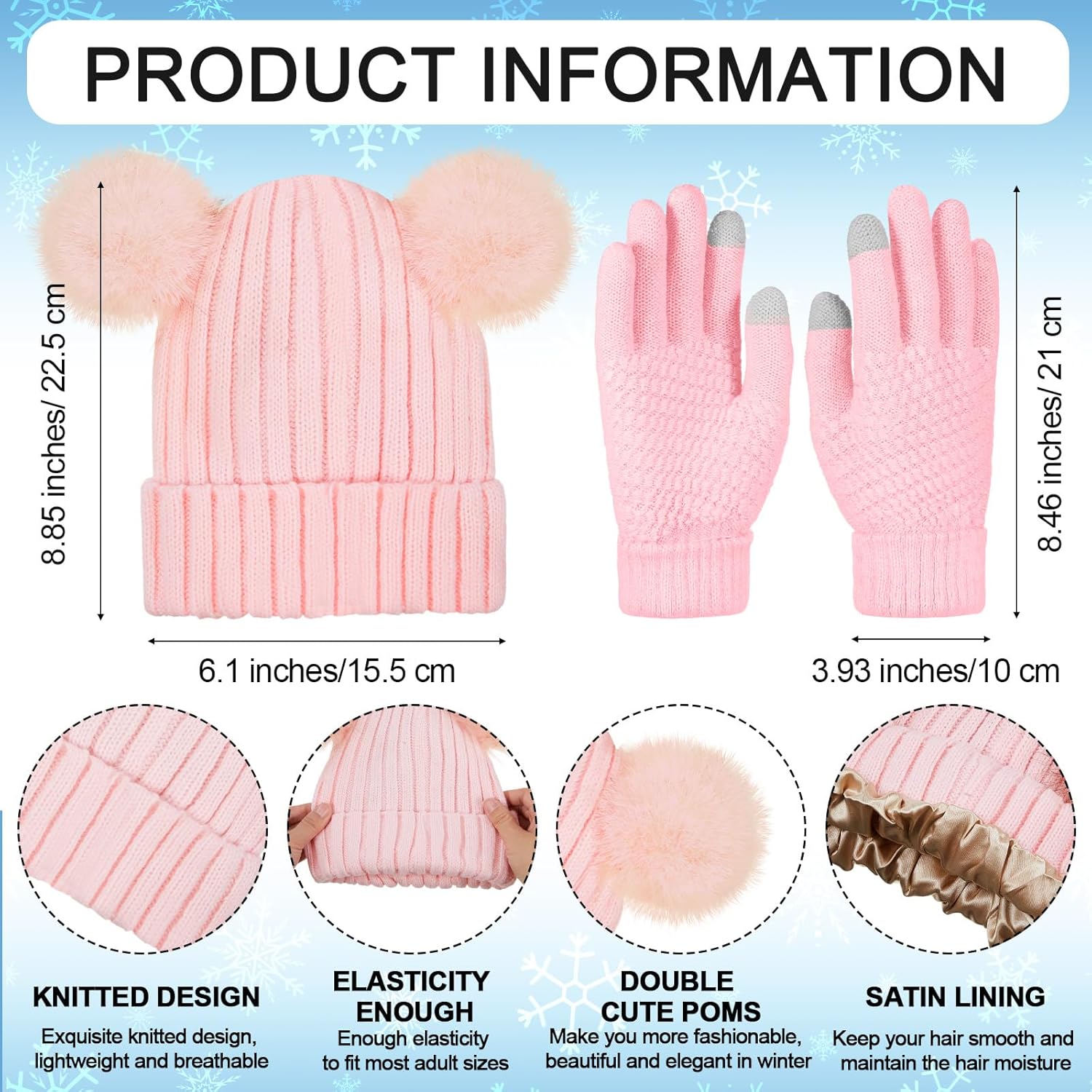 Hicarer 3 Sets Women Winter Warm Set Satin Lined Beanie Hat with Two Pom Poms Touchscreen Gloves for Cold Weather - Image 2