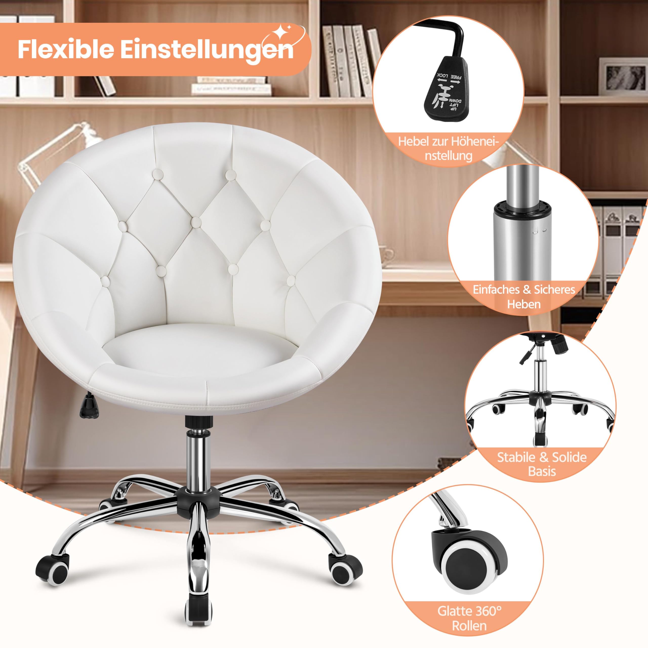 Yaheetech Schreibtischstuhl Runder Schminktisch Stuhl aus Kunstleder, Weiß | Bürosessel, höhenverstellbar Drehstuhl, Homeoffice Stuhl mit Rollen, bis 136 kg belastbar, für Arbeitszimmer, Schlafzimmer
