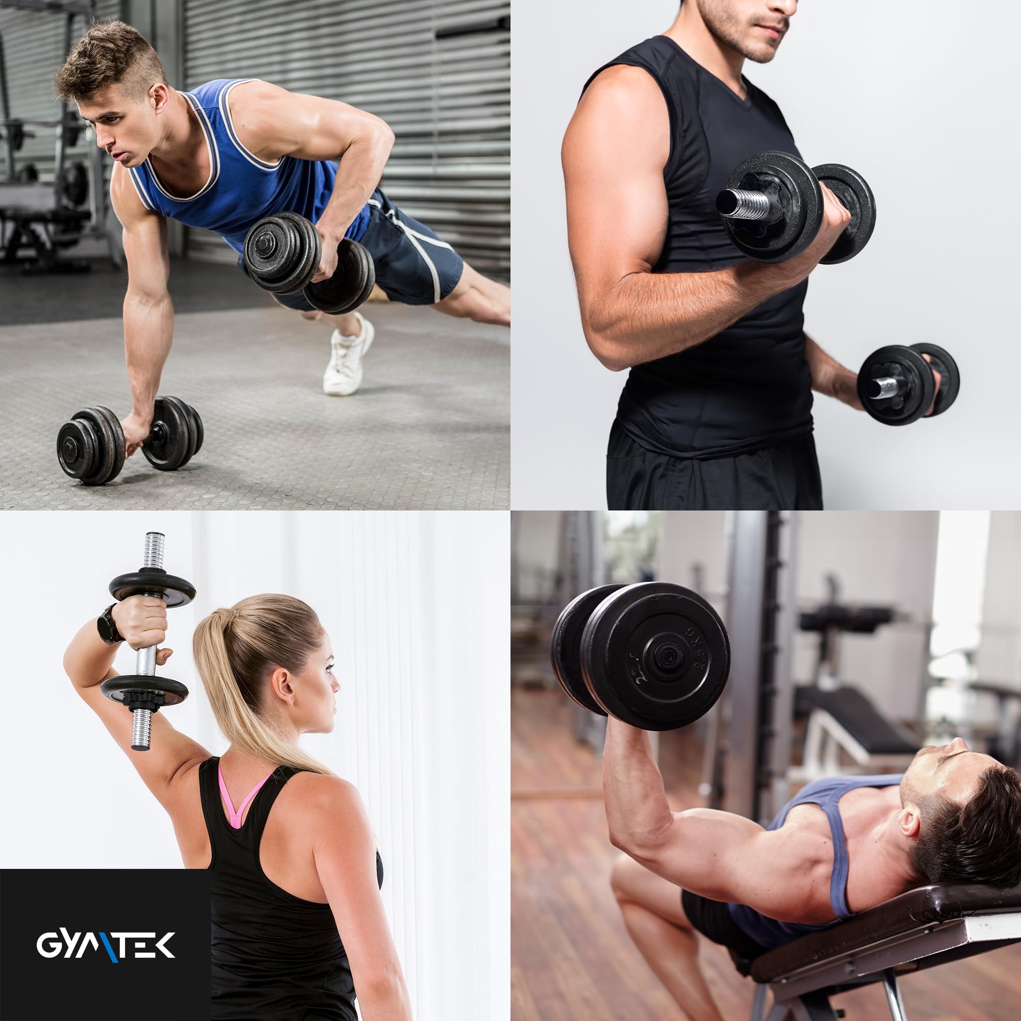 Gymtek Barre d'Haltères Courte - Longueur 35-45 cm, Ø 24 mm (+/-2 mm), 2 Fermetures en Étoile, Poignée Moletée pour Disques et Dumbbells - Noir ou Argent